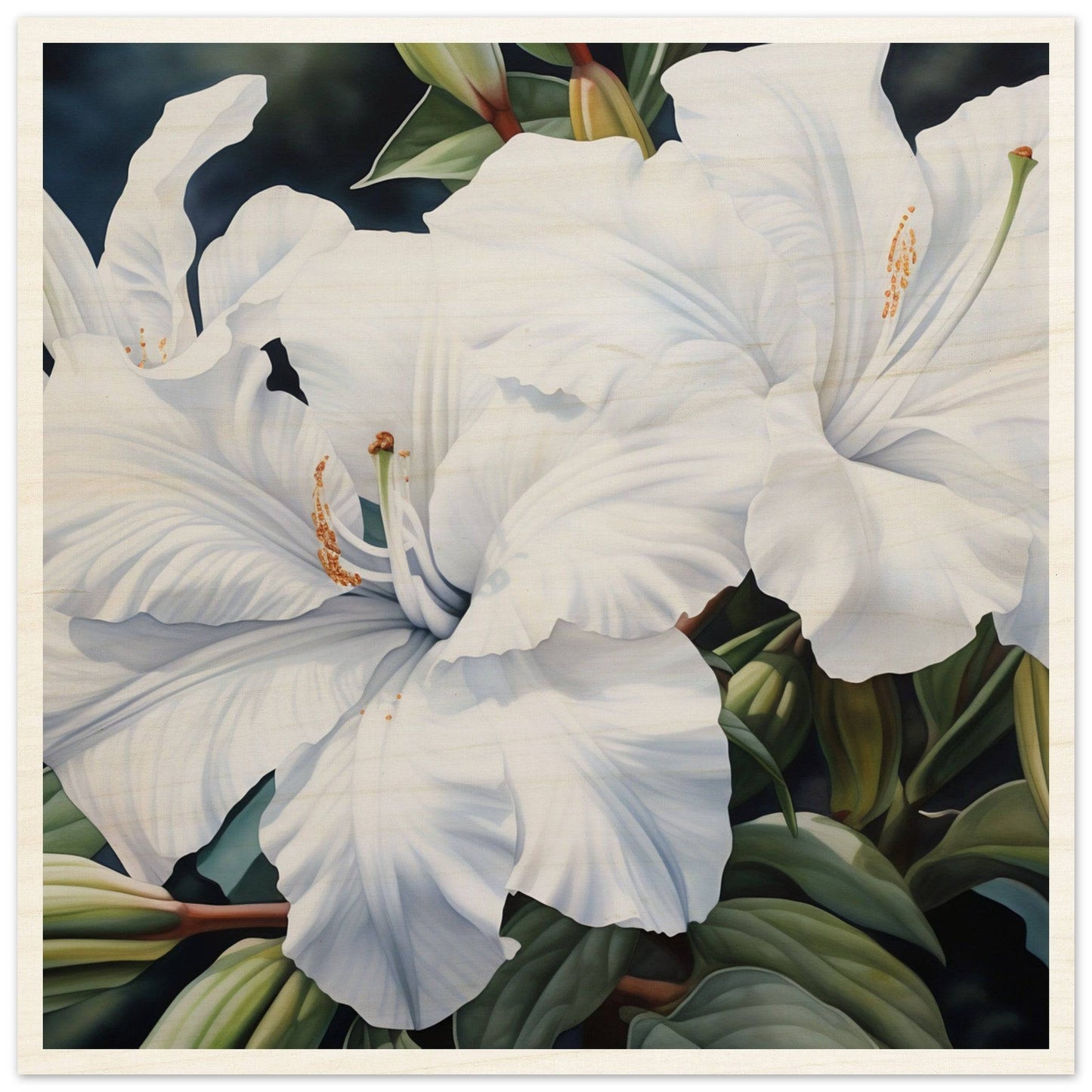 White lily flower with prominent stamens and pistils in full bloom.
