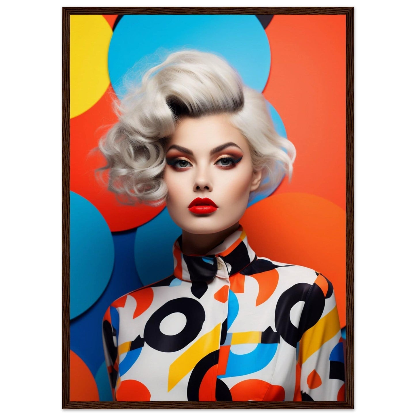 Stylized portrait of a woman with platinum blonde hair and bold makeup wearing a colorful patterned shirt.