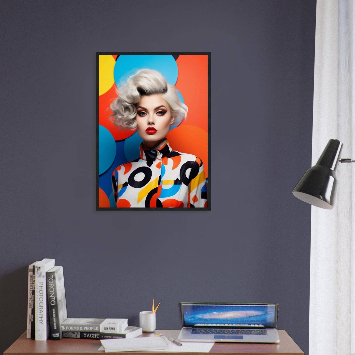Vibrant pop art-style portrait of a woman with platinum blonde hair and bold makeup against a colorful background.