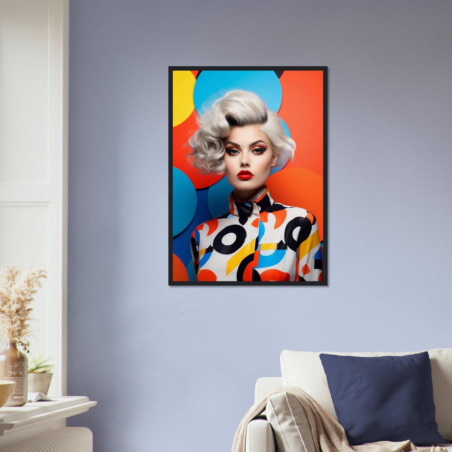 Colorful pop art-style portrait of a woman with platinum blonde hair and bold makeup in a vibrant geometric patterned outfit.