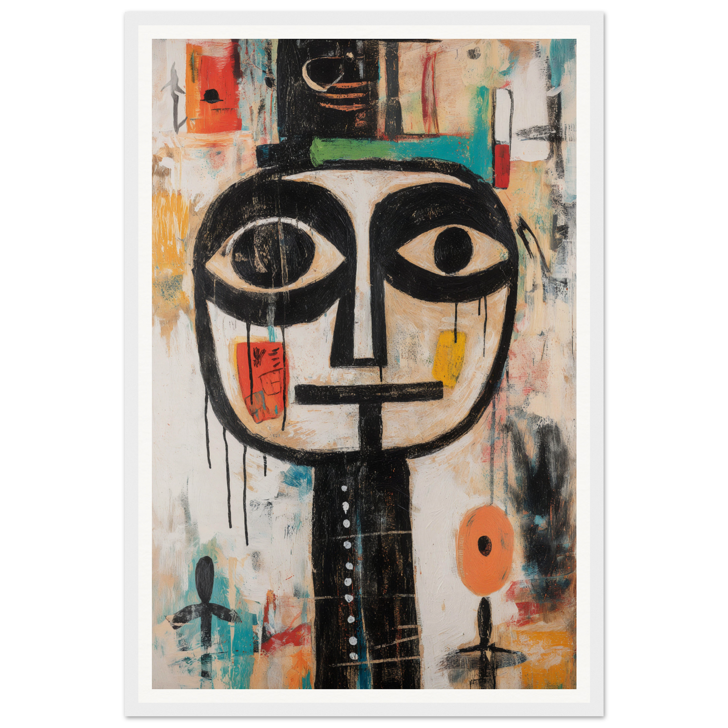Framed wall art: Abstract painting with a large face, bold lines, and colorful geometric shapes.