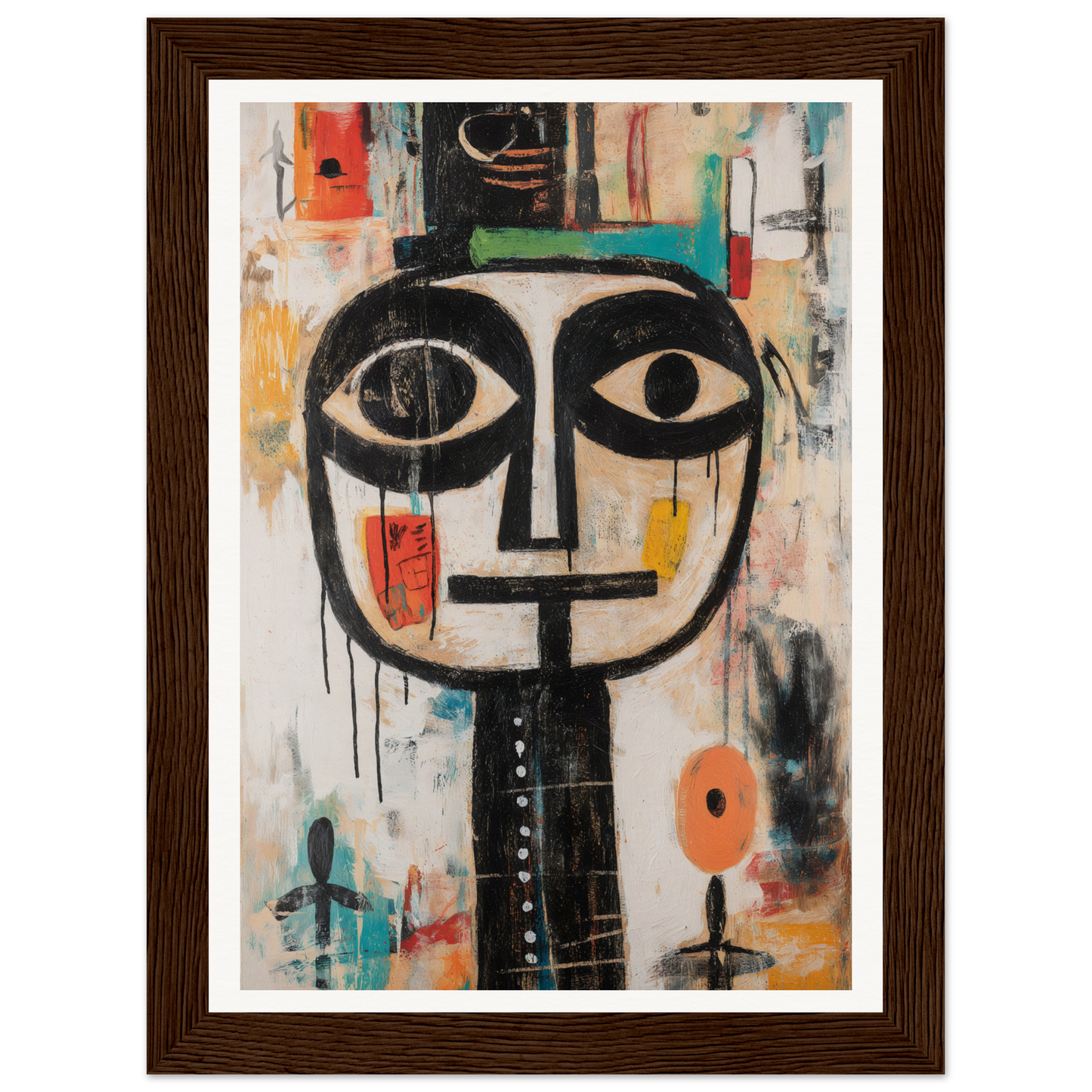 Framed abstract painting of a large face, perfect for room decor with bold lines and colors.