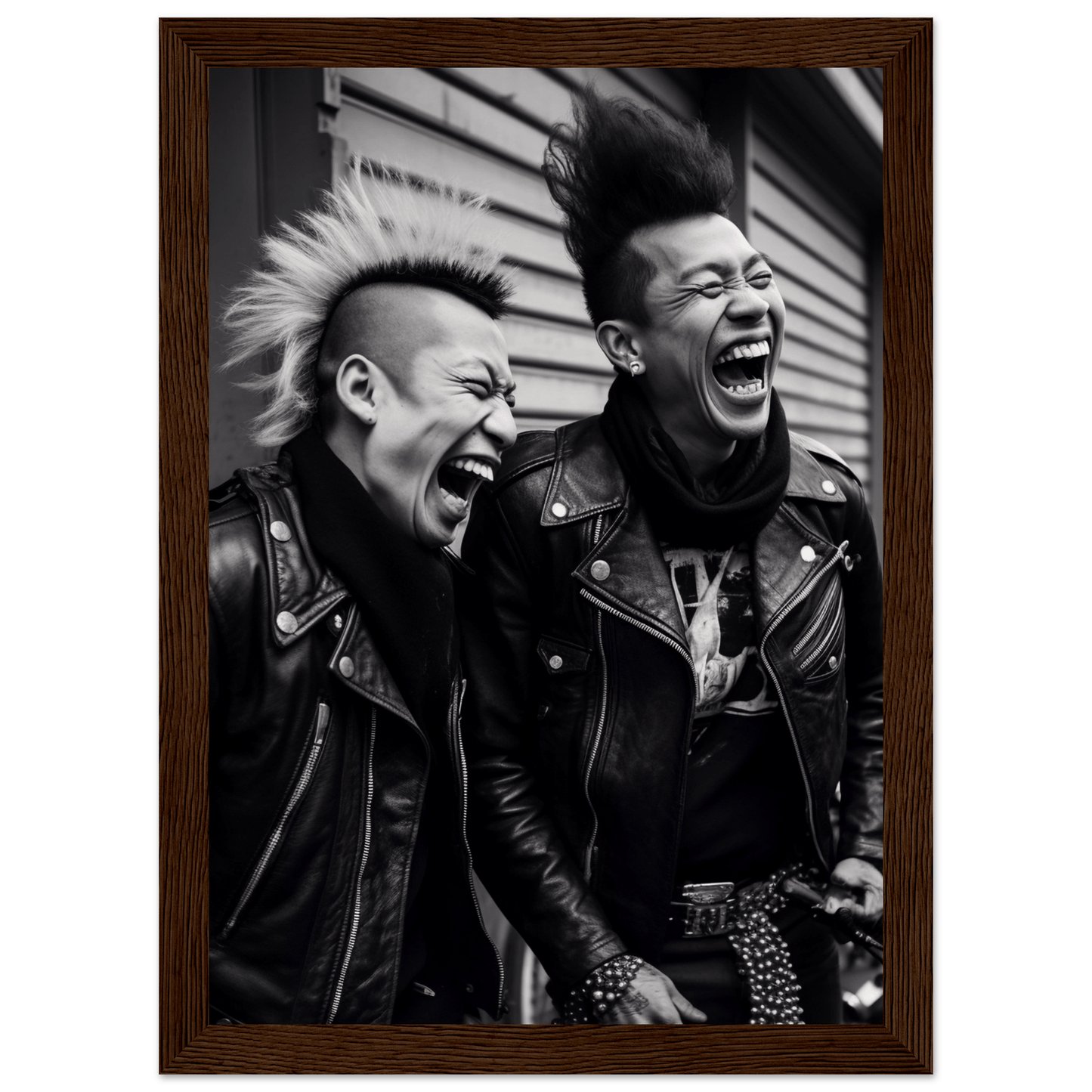 Two punk rockers laughing exuberantly together.