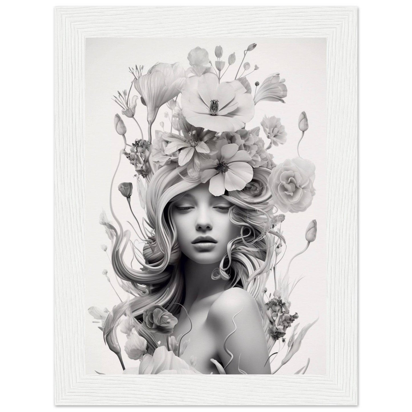 A black and white portrait of a woman with an elaborate floral headdress and flowing hair.