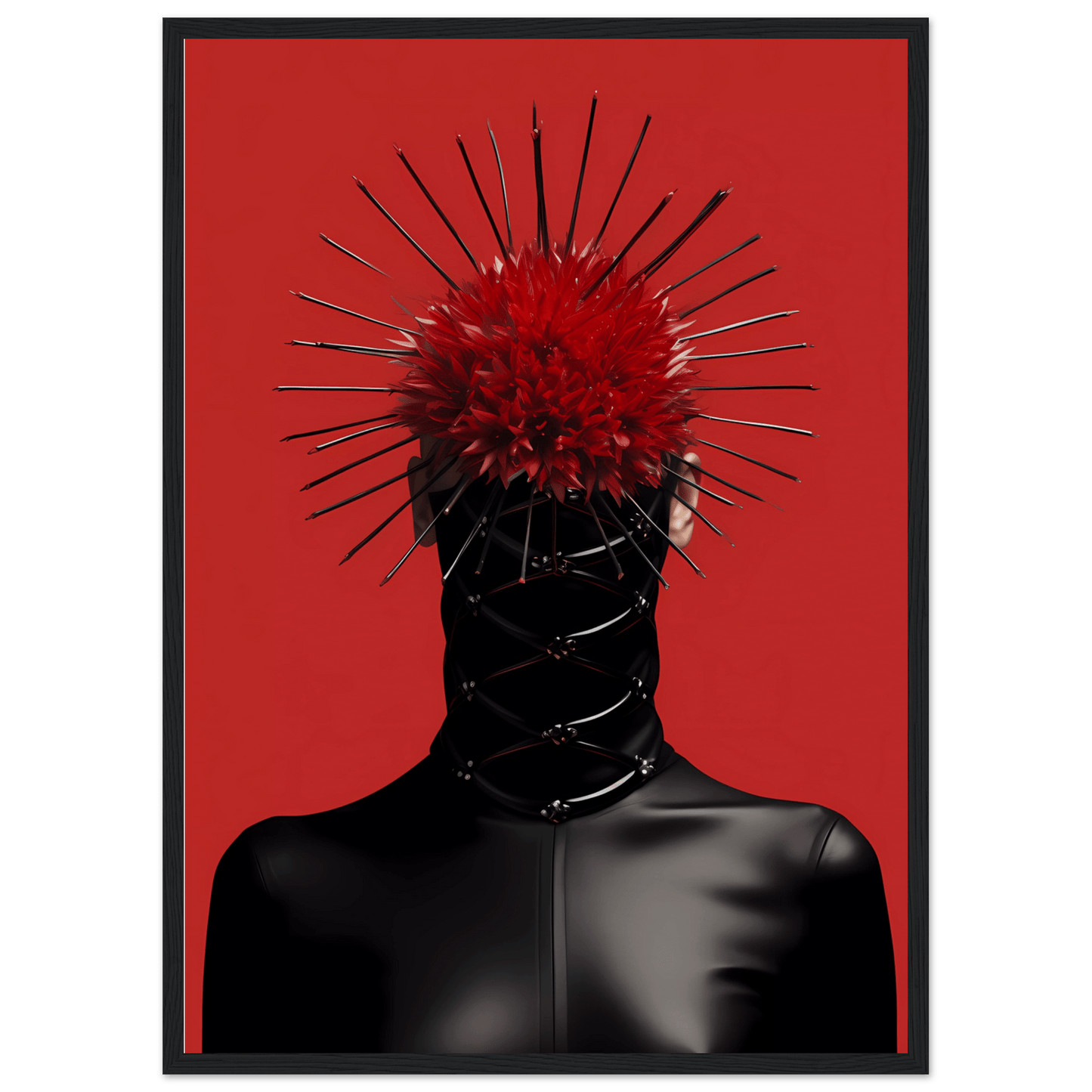 Surreal figure with a black body and a red, spiky, crown-like headpiece.