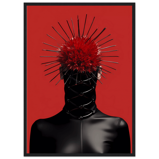Surreal figure with a black body and a red, spiky, crown-like headpiece.