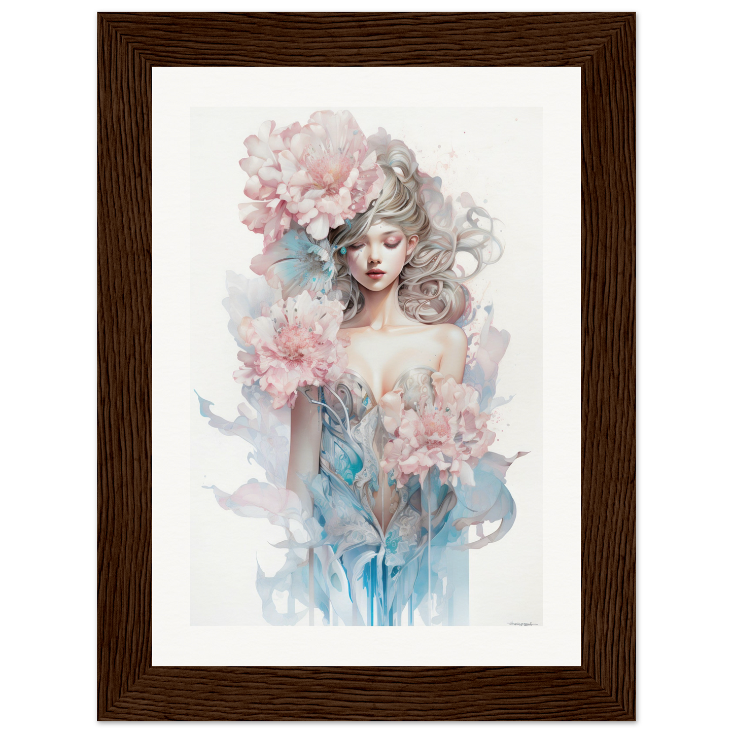Watercolor-style painting of a woman with flowing hair surrounded by pink flowers.