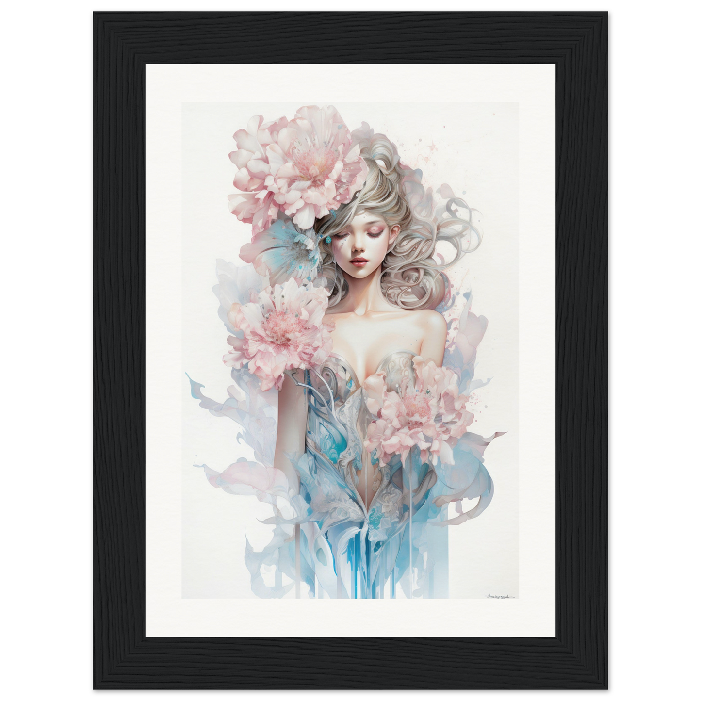 Watercolor-style portrait of a woman with flowing hair adorned by pink flowers.
