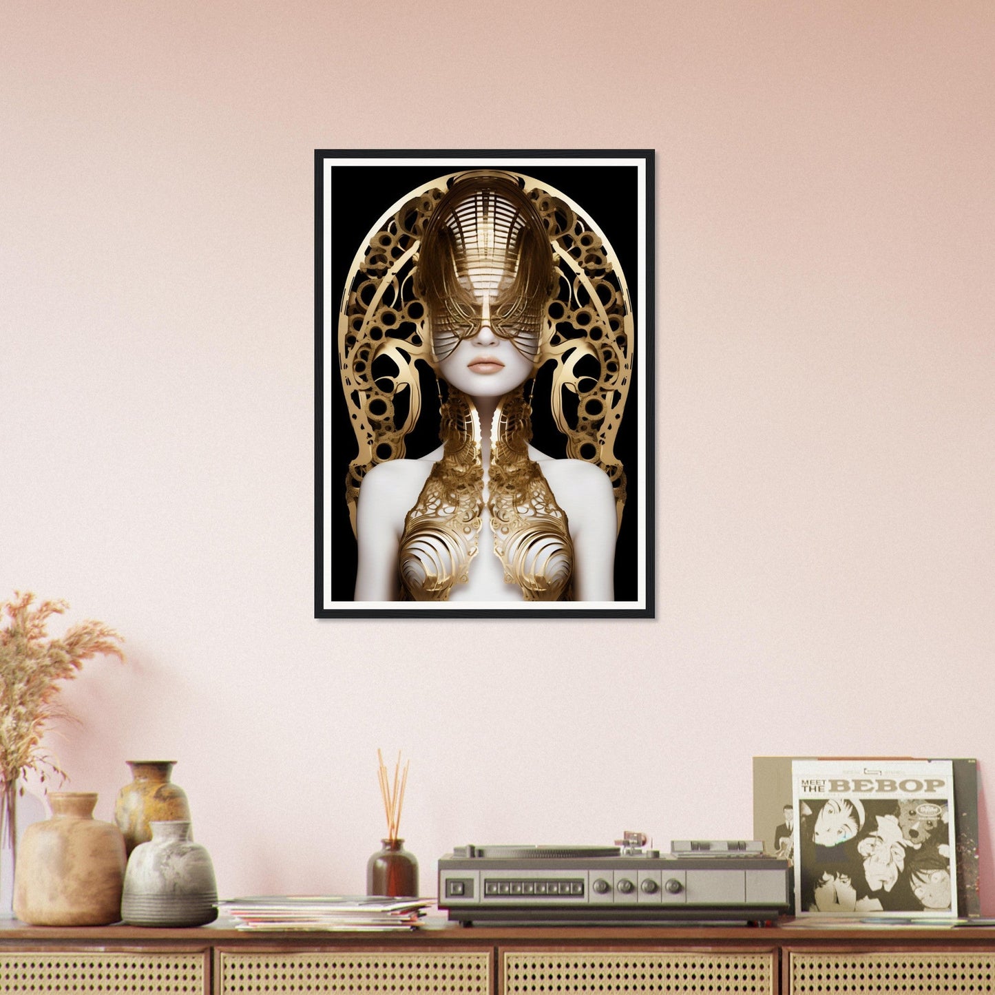Framed artwork depicting a futuristic golden robotic figure with an ornate headdress.