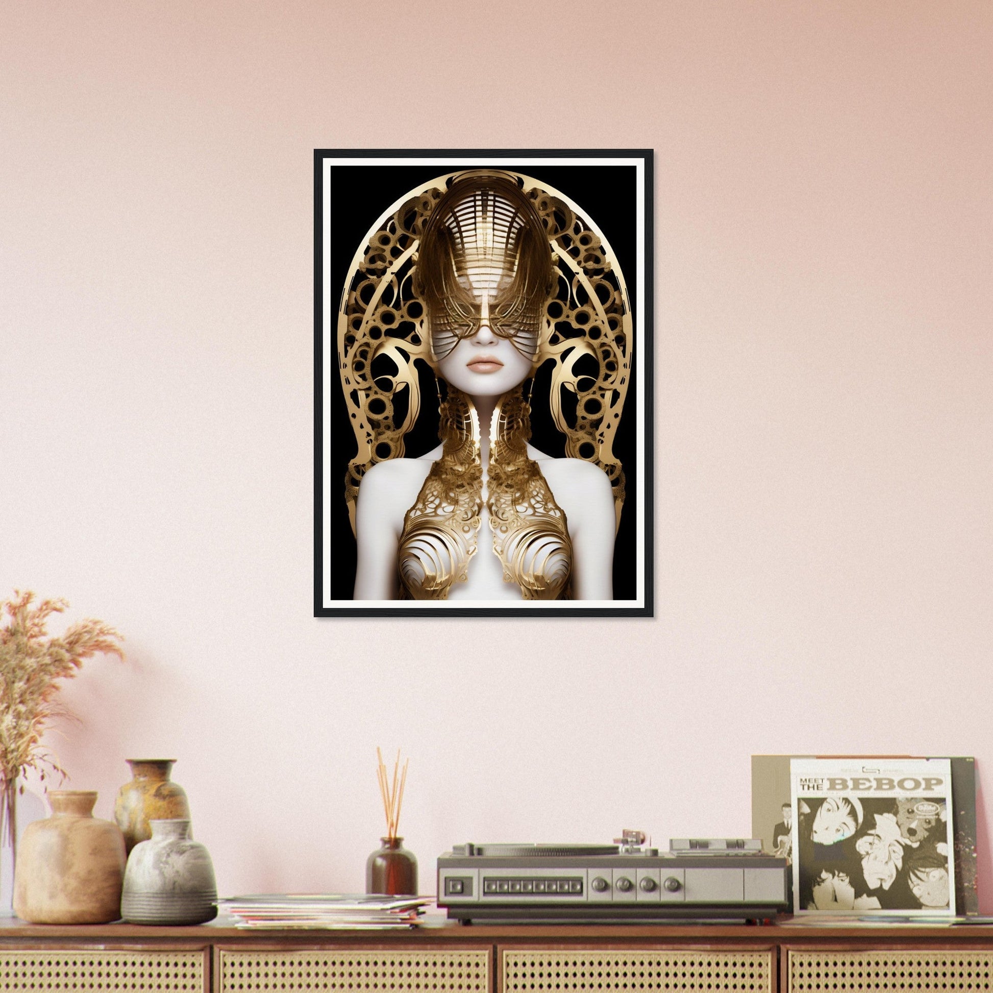 Framed artwork depicting a futuristic golden robotic figure with an ornate headdress.