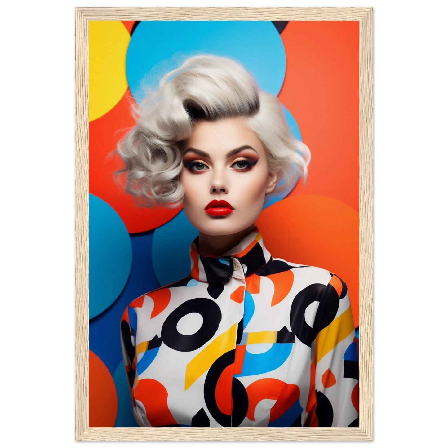 Stylized portrait of a woman with platinum blonde hair and bold makeup wearing a colorful patterned outfit.