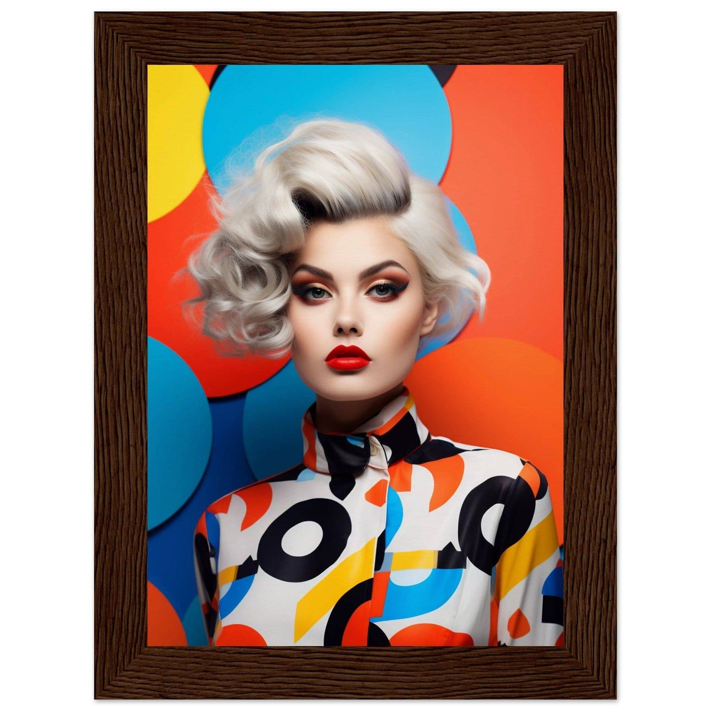 Stylized portrait of a woman with platinum blonde hair and bold makeup wearing a colorful patterned shirt.