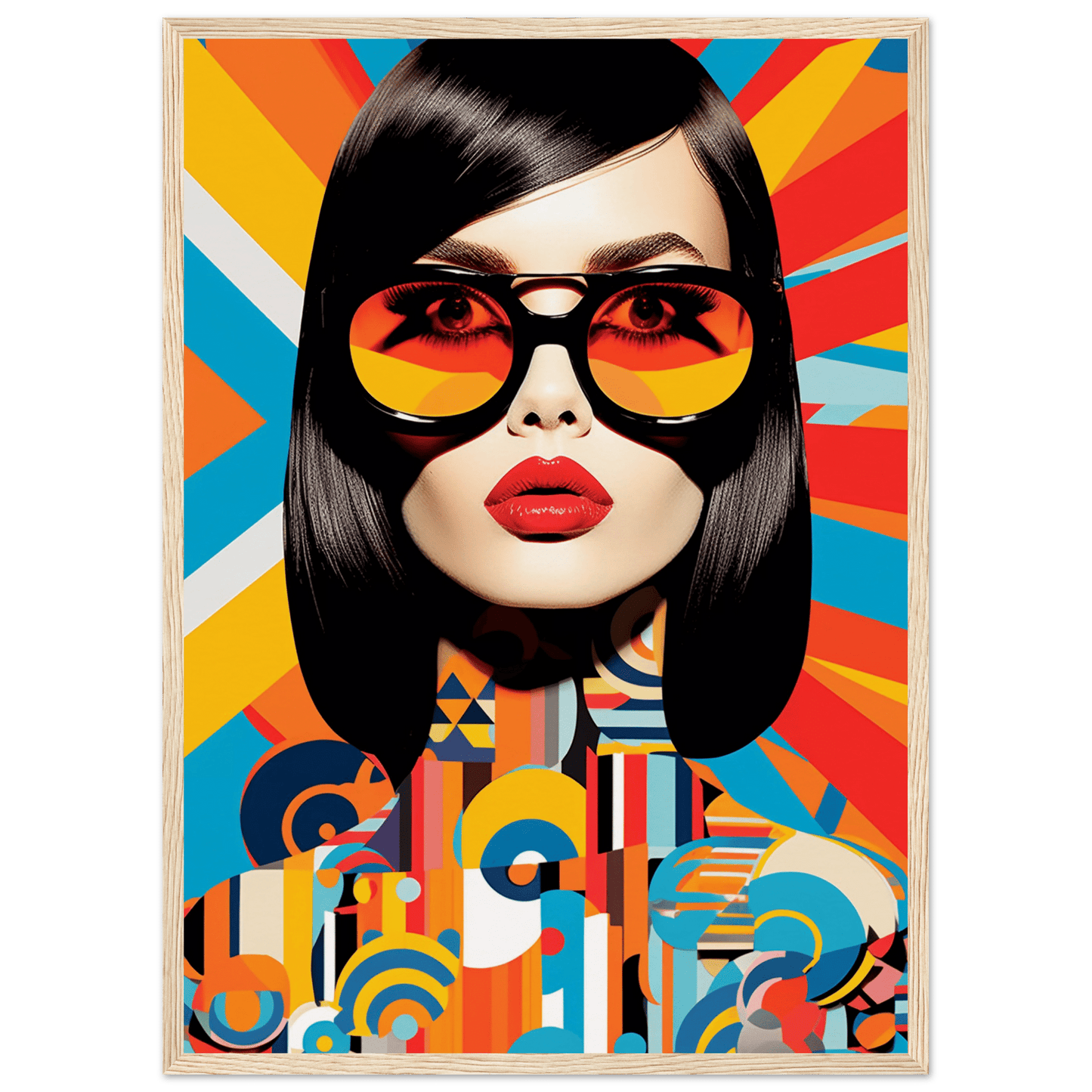 Stylized portrait of a woman with sunglasses against a colorful geometric background.