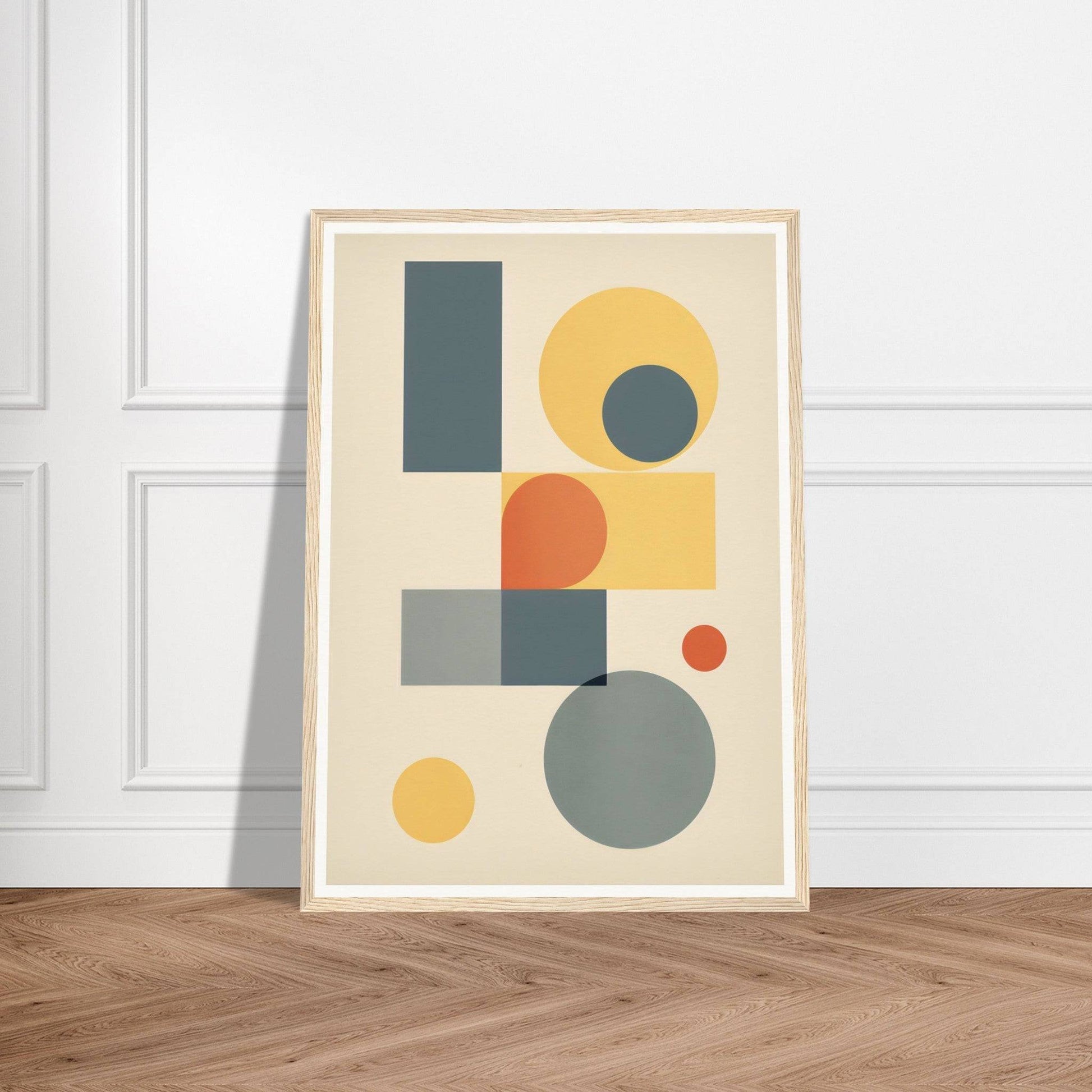 Abstract geometric art print featuring circles, rectangles, and squares in muted colors.