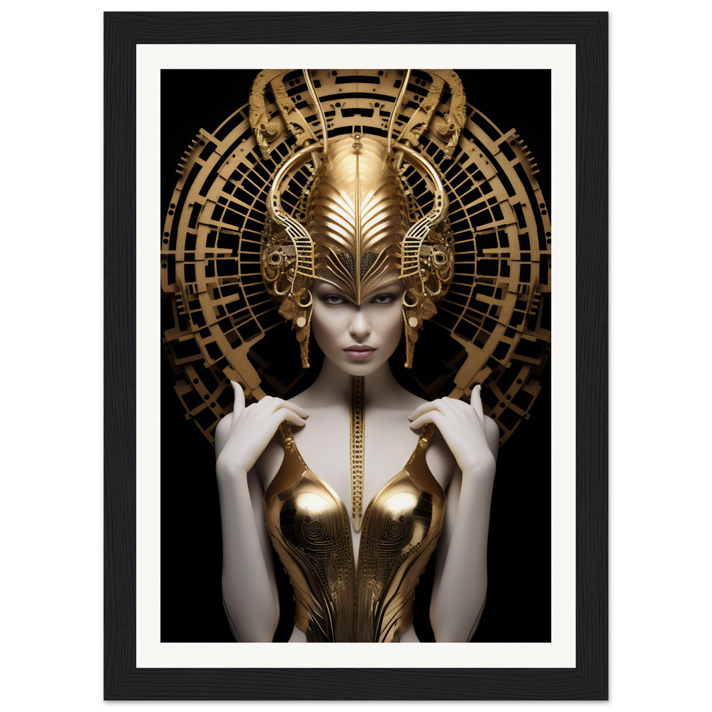 Ornate golden headdress and bodice adorning a pale figure with an enigmatic expression.