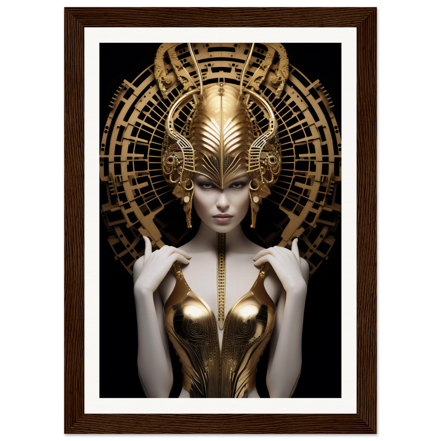 Surreal portrait of a figure with an elaborate golden headdress and metallic bodice.