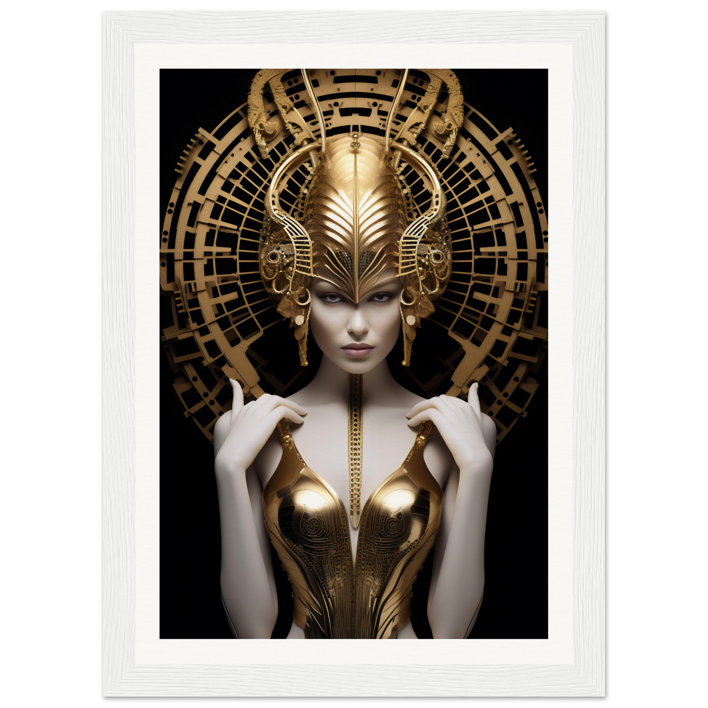 Ornately adorned figure with an elaborate golden headdress and metallic bodice against a dark background.