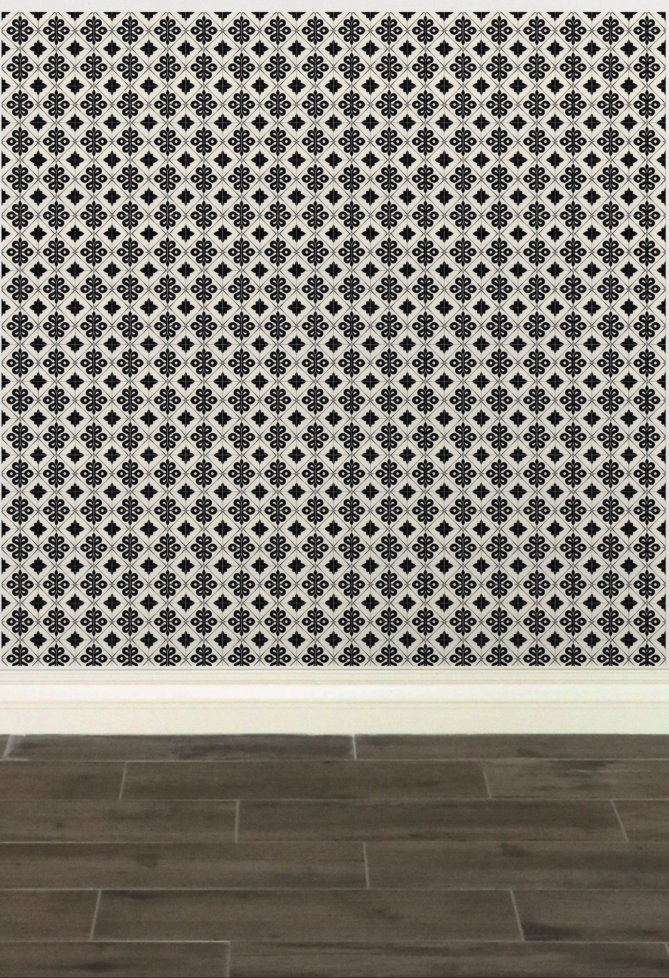 Geometric patterned wallpaper with black and white floral or star-like designs.