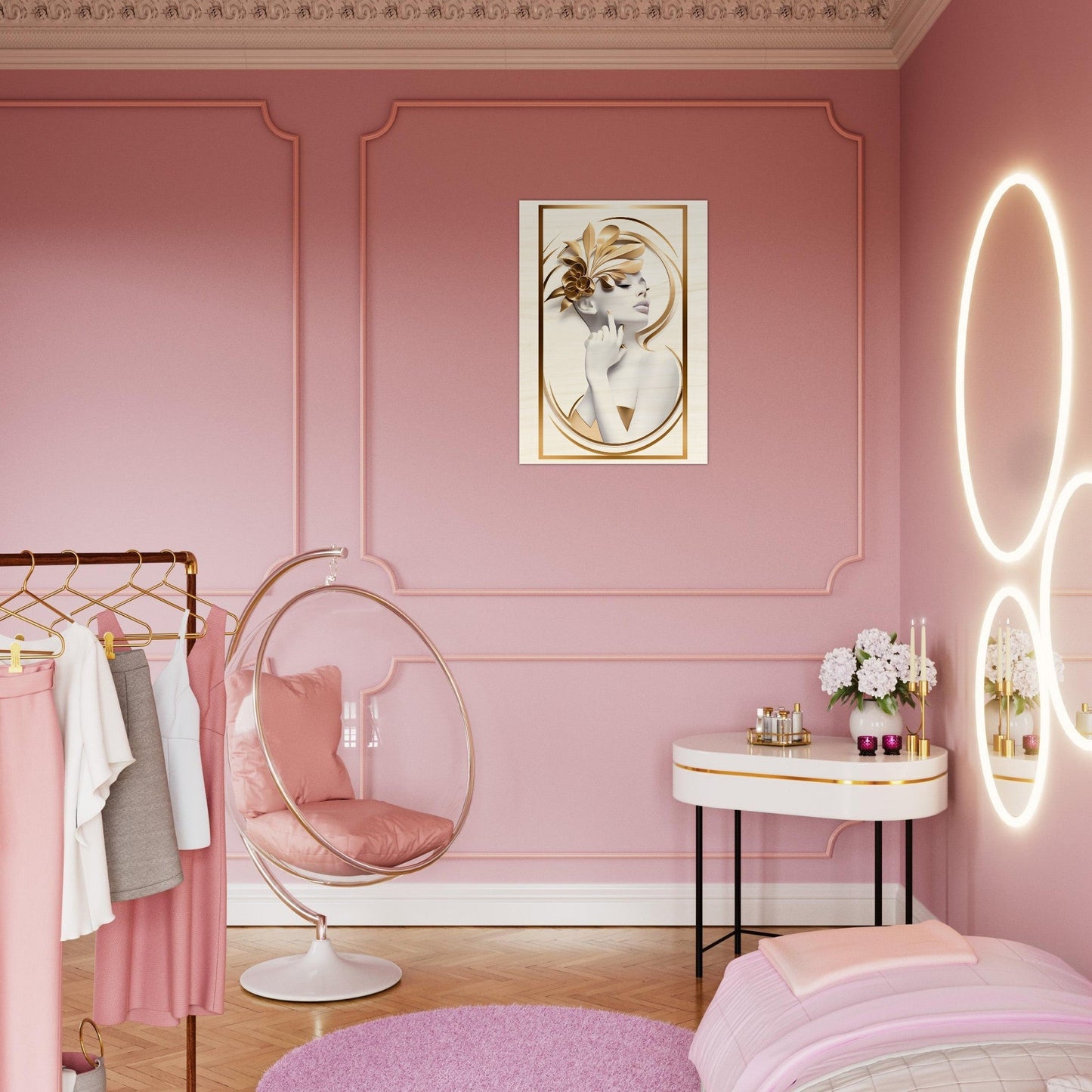 Pink bedroom with a hanging bubble chair and feminine decor.