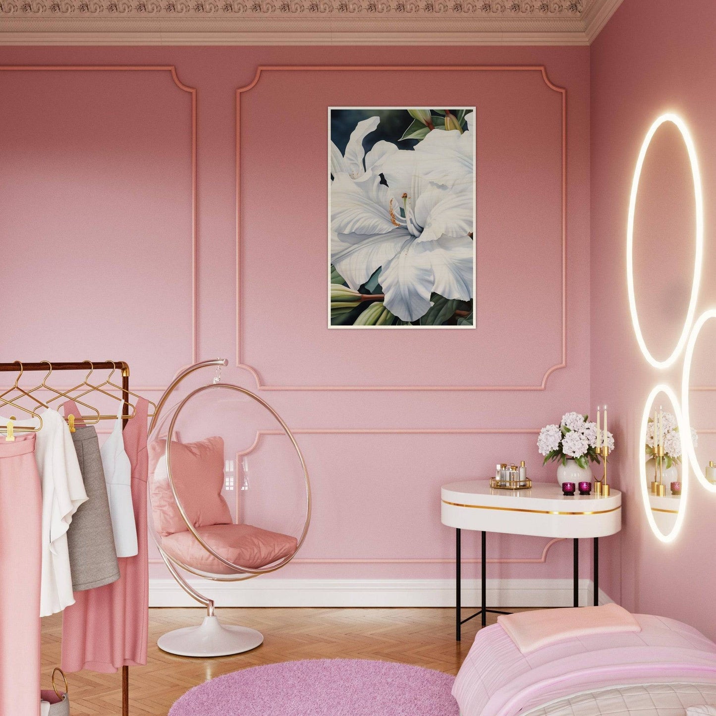 Pink bedroom with feminine decor and a hanging bubble chair.