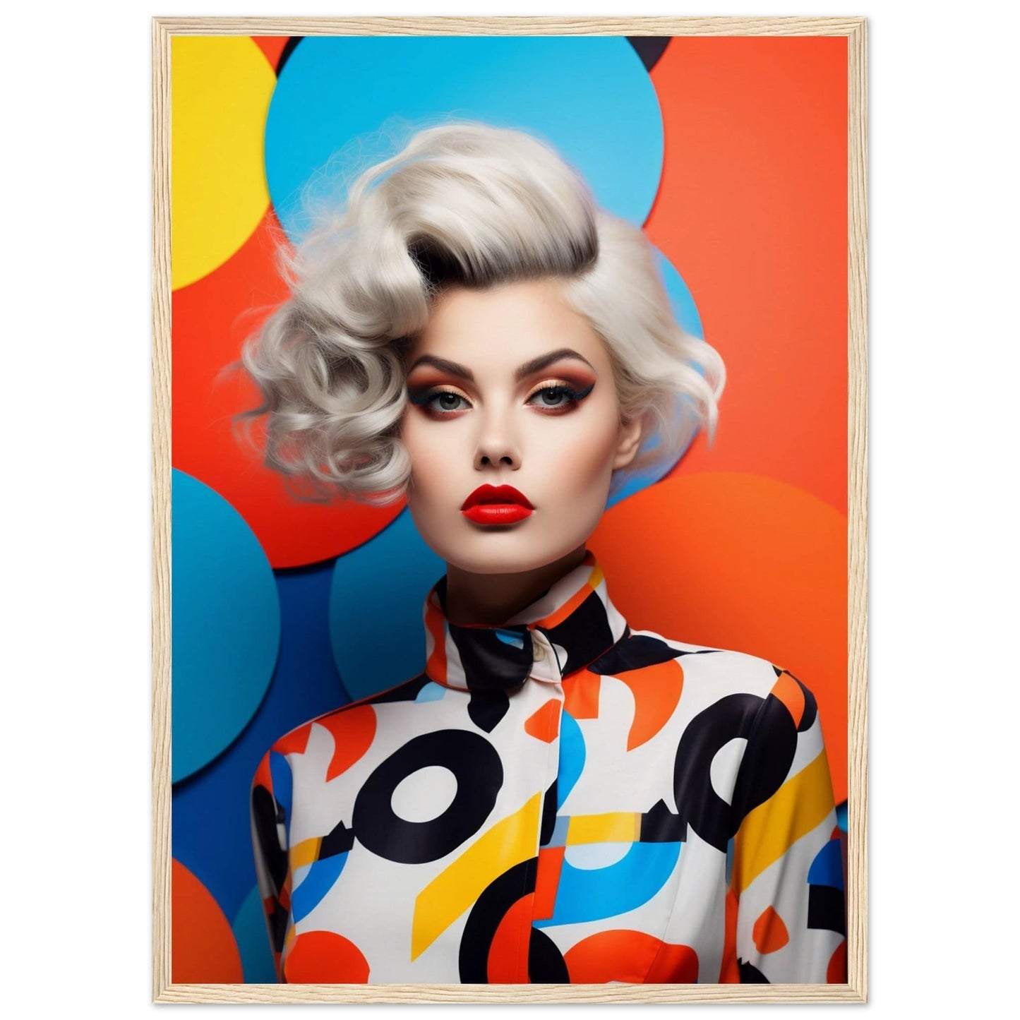 Stylized portrait of a woman with platinum blonde hair and bold makeup wearing a colorful patterned top.