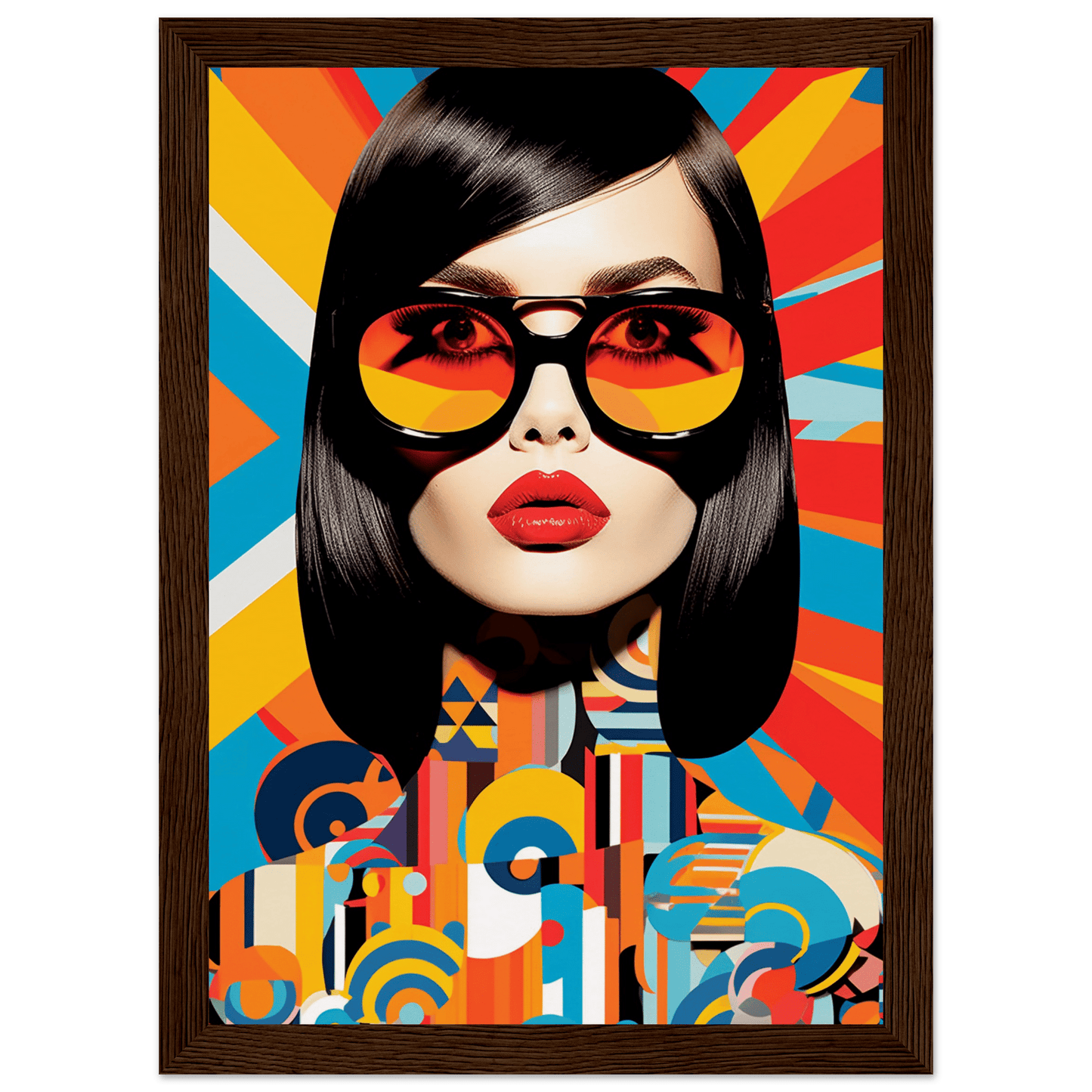 Stylized portrait of a woman with sunglasses against a colorful geometric background.