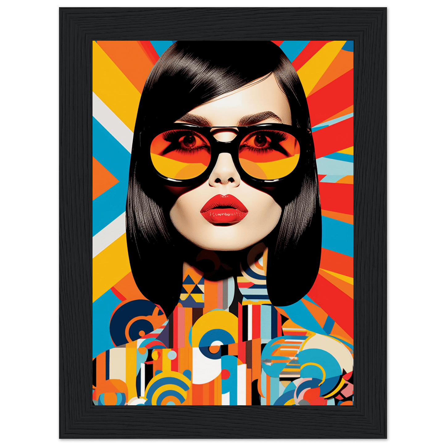 Stylized pop art portrait of a woman with sunglasses and vibrant geometric patterns.