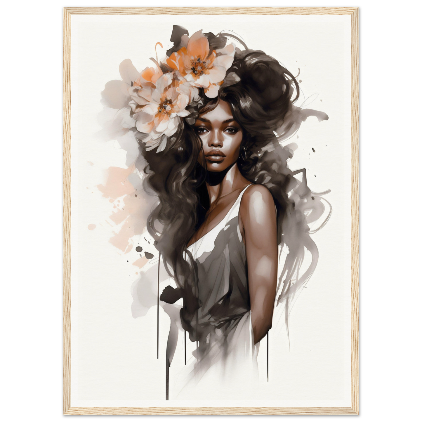 Artistic portrait of a woman with flowing dark hair adorned with large flowers.