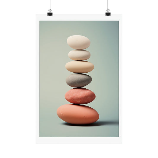 Stack of smooth, balanced stones in varying pastel shades.