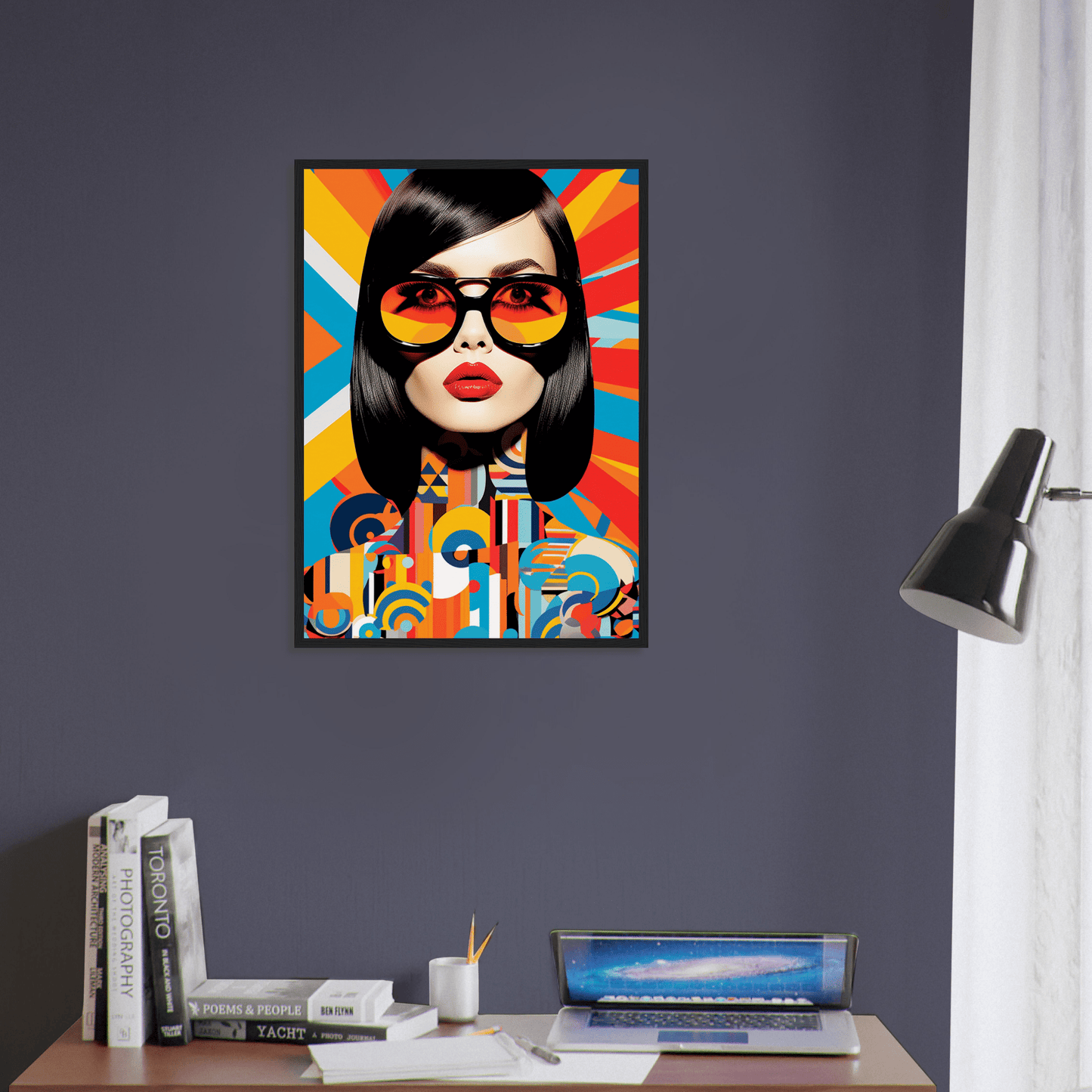 Colorful pop art style portrait of a woman wearing sunglasses against a vibrant geometric background.