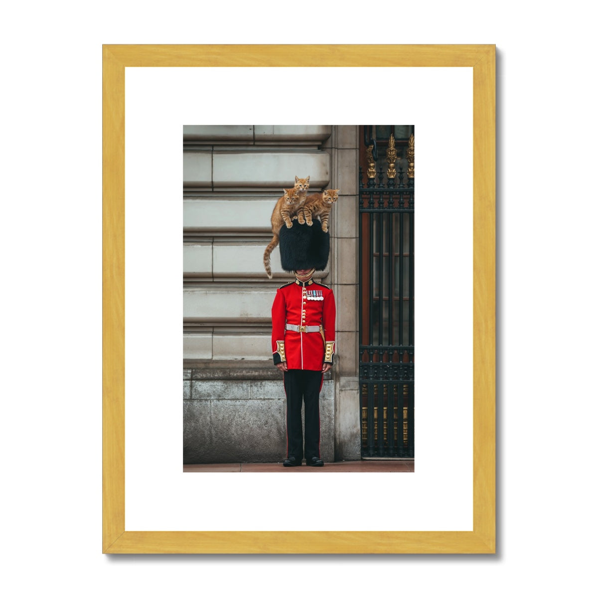 Royal Guard in traditional red and black uniform with bearskin hat standing at attention.