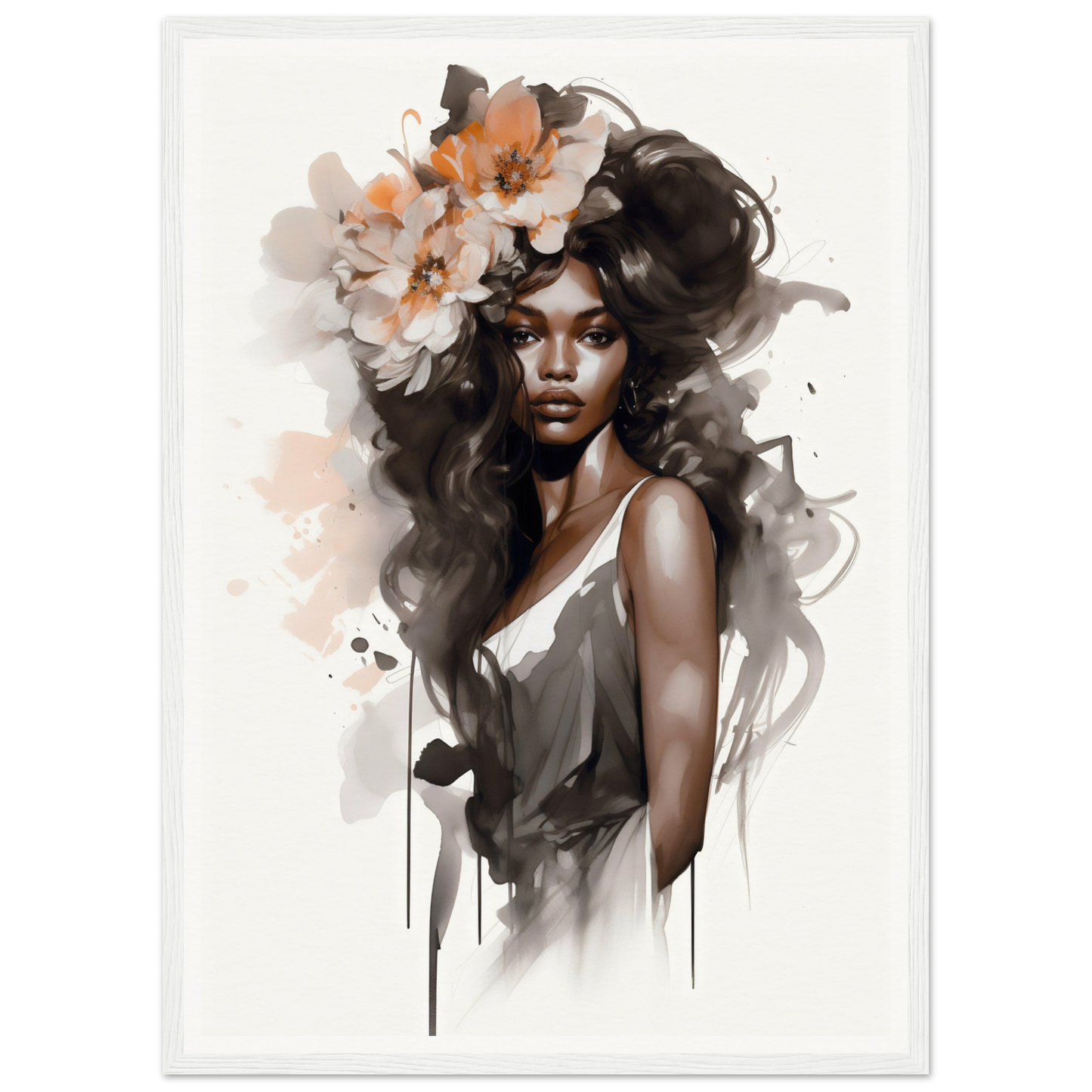 Artistic portrait of a woman with flowing hair adorned by large flowers.