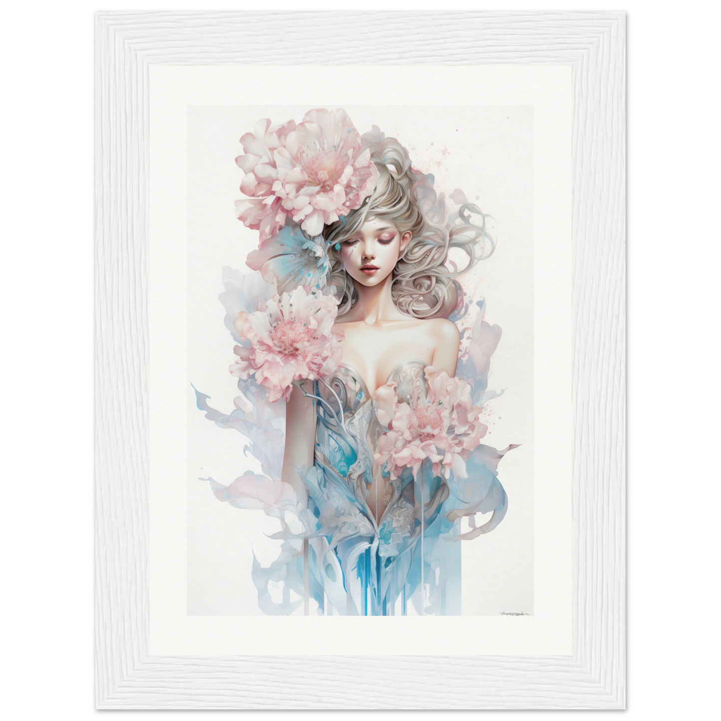 Ethereal watercolor-style portrait of a woman with flowing hair surrounded by delicate pink flowers.