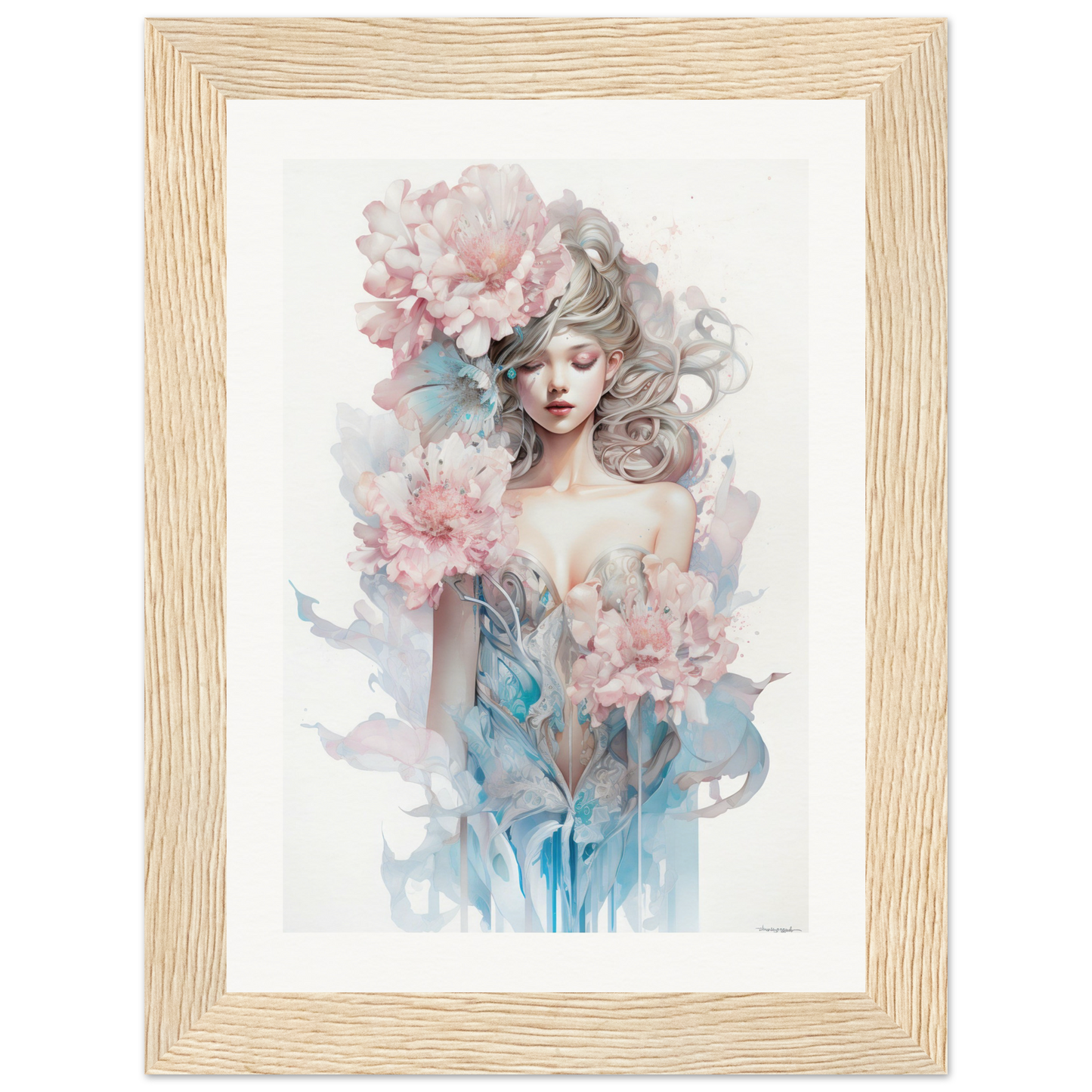 Watercolor-style portrait of a woman with flowers in her hair and dress.