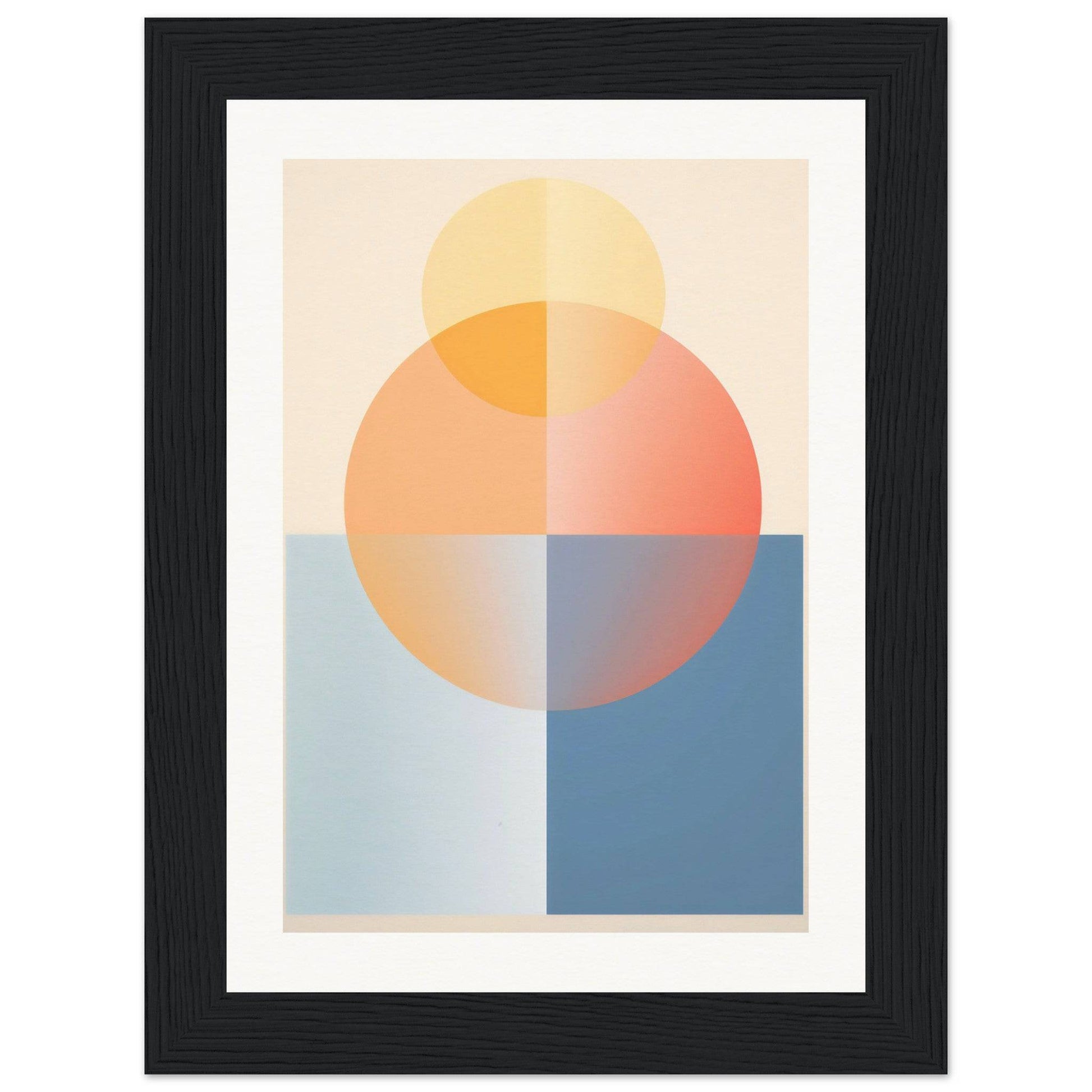 Abstract geometric artwork featuring overlapping circles and rectangles in pastel colors.