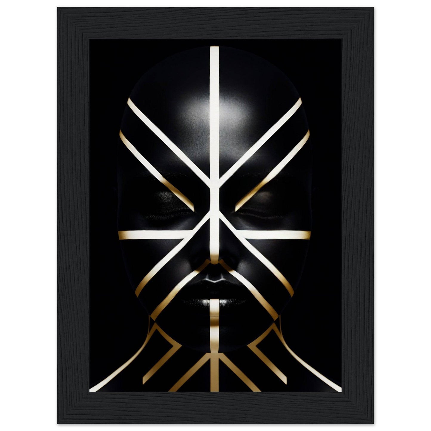 Stylized geometric design resembling an abstract face composed of white and gold lines on a black background.