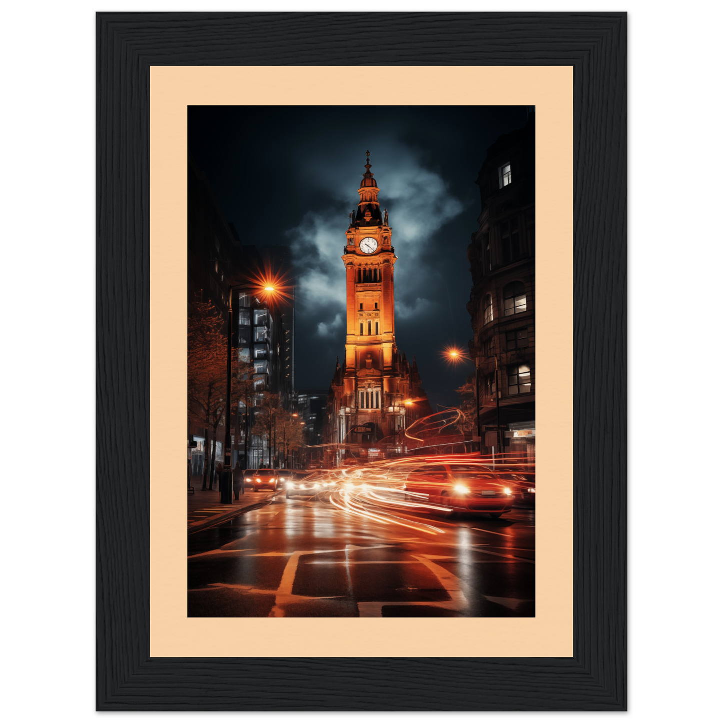 Illuminated clock tower at night with light trails from traffic below.