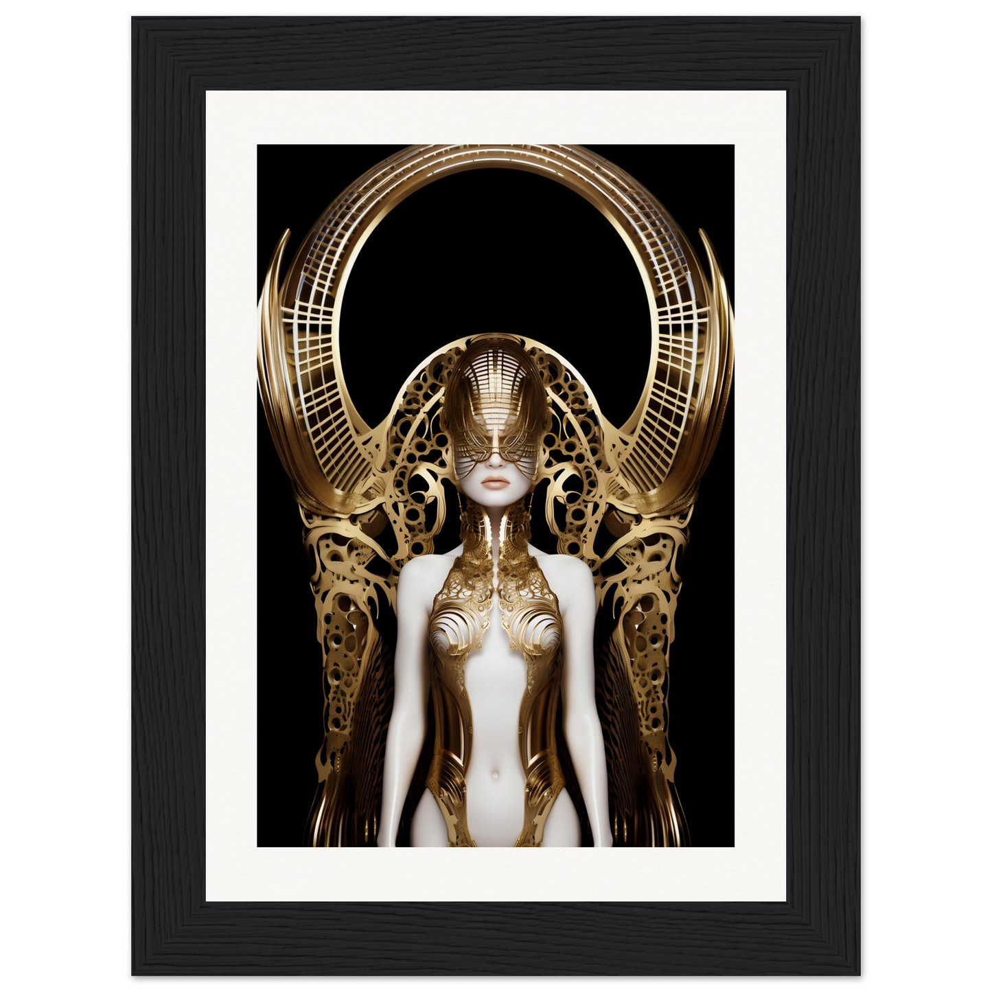 Surreal golden-adorned feminine figure with an elaborate headdress and ornate metallic wings or structures extending from its body.