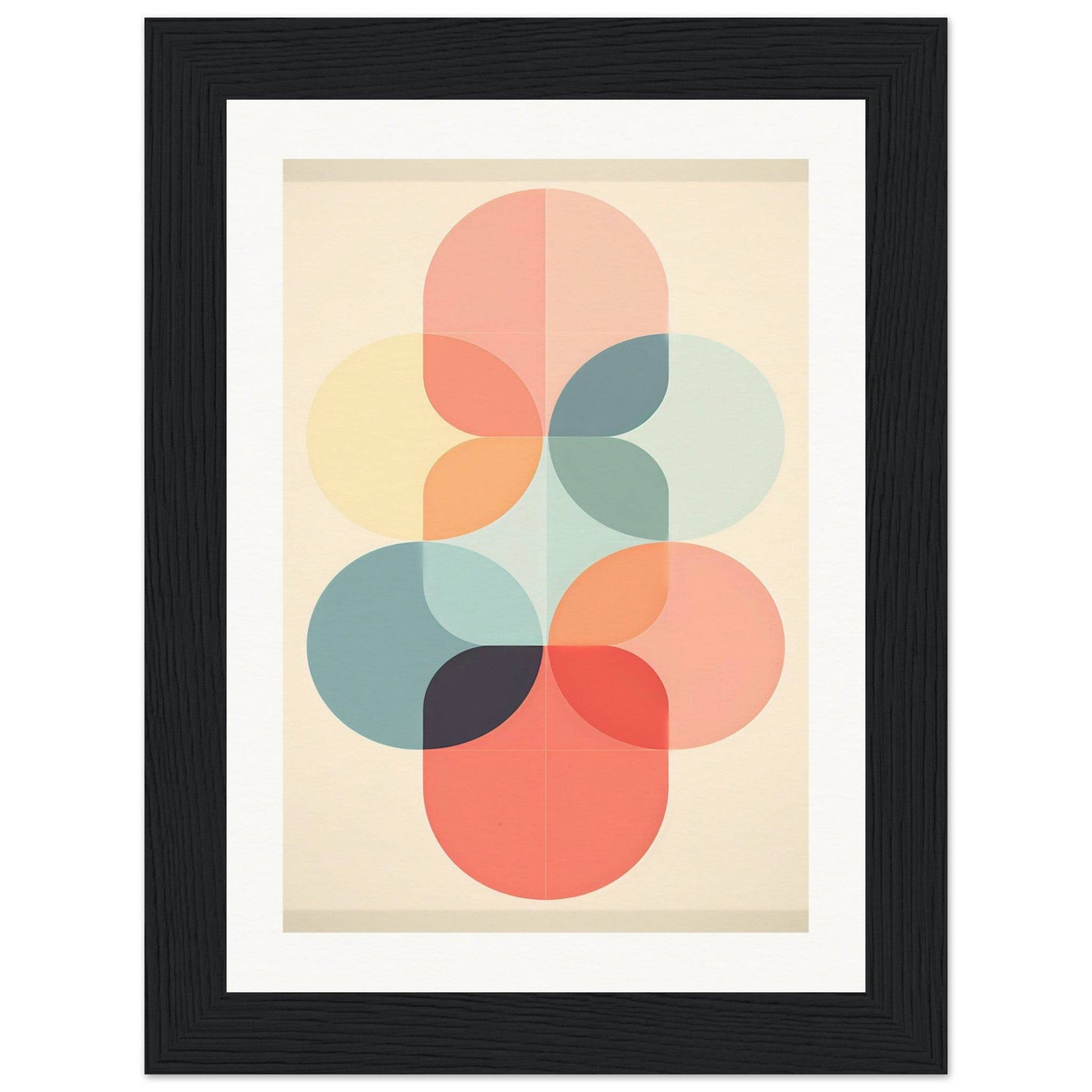 Abstract geometric artwork featuring overlapping pastel-colored circles and semicircles.