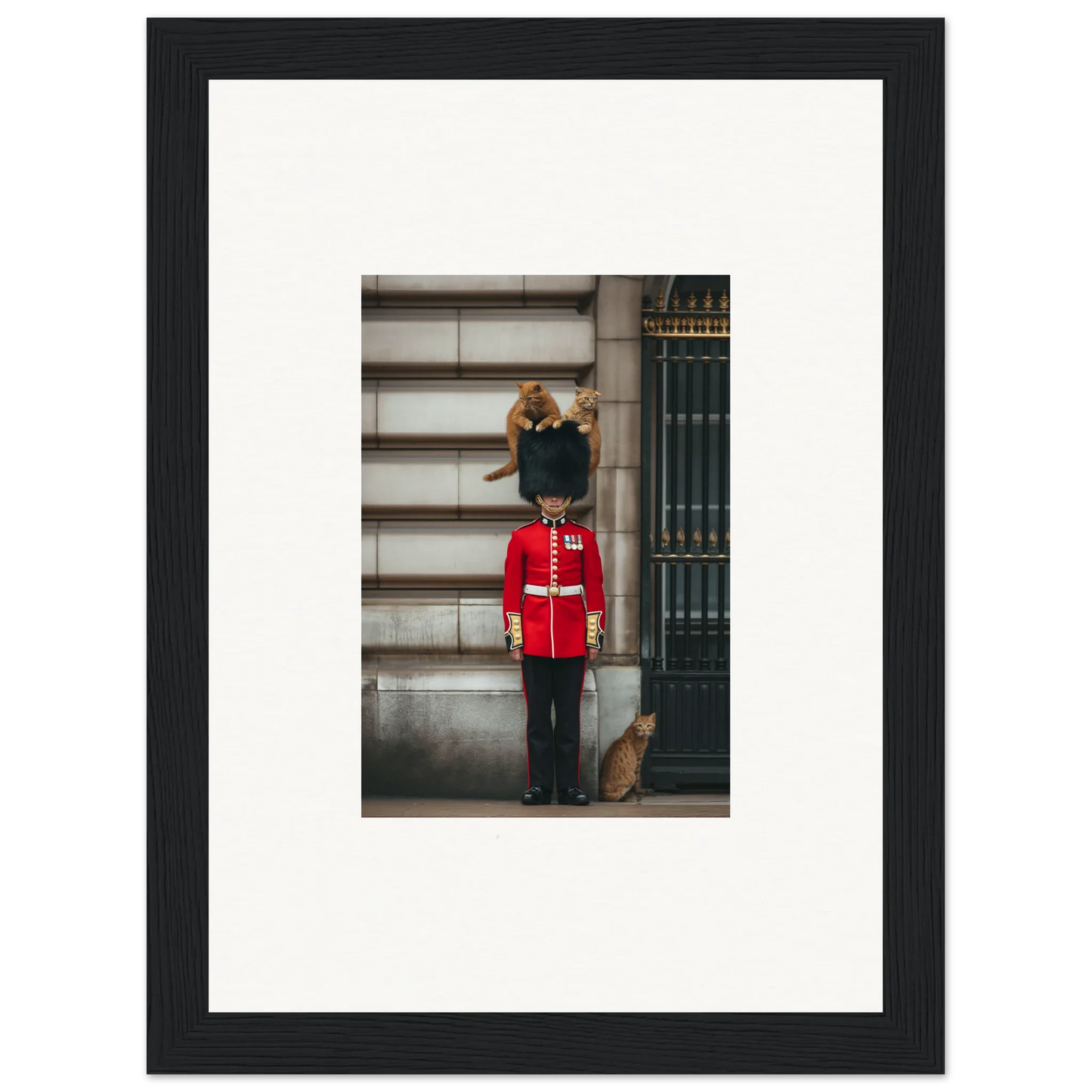 Ginger cat lounging on Queen’s Guard uniform in Sensational Sentinels’ Playground art
