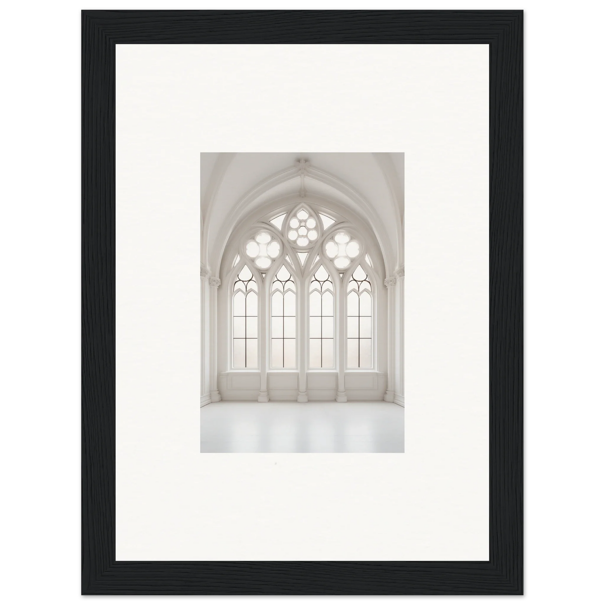 Gothic arched window with ornate tracery in Ethereal Light Elegy framed wall art