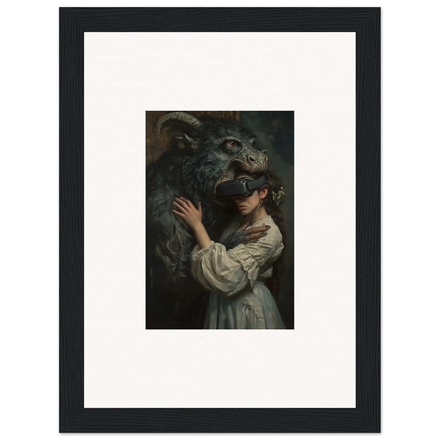 Framed artwork of a figure in a white dress with a mythical dragon, Love, Reality Monster