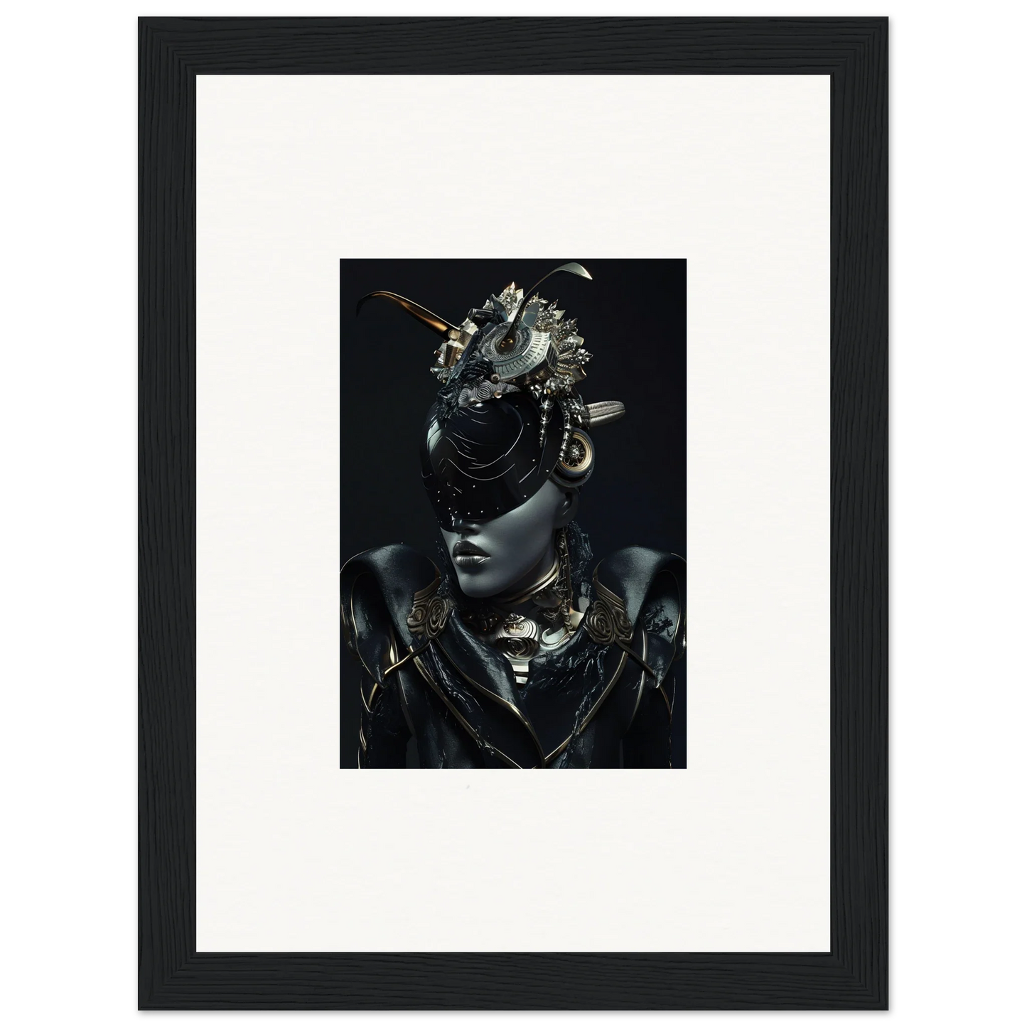 Framed canvas print of a regal figure with metallic headpiece for chic room decoration