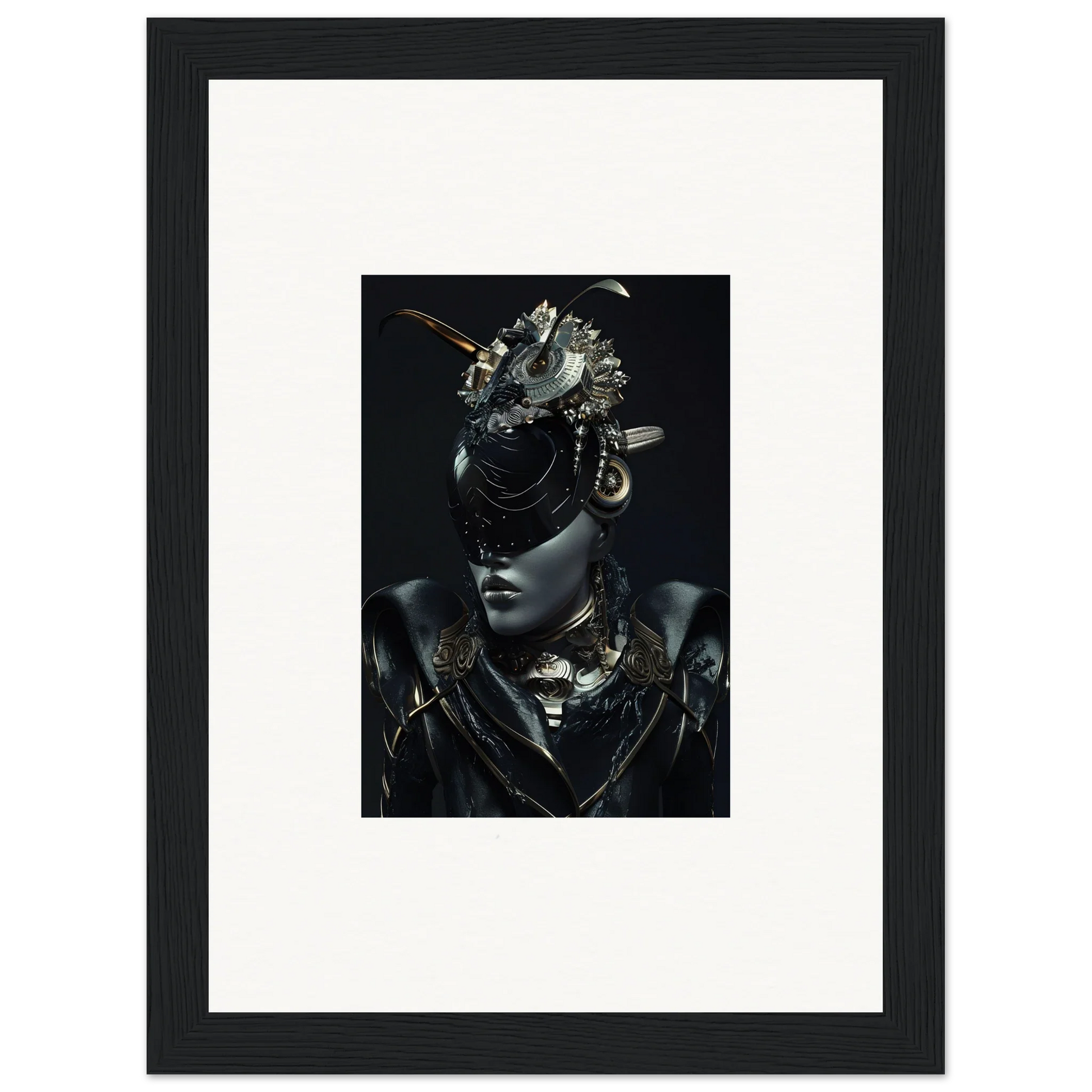 Framed canvas print of a regal figure with metallic headpiece for chic room decoration