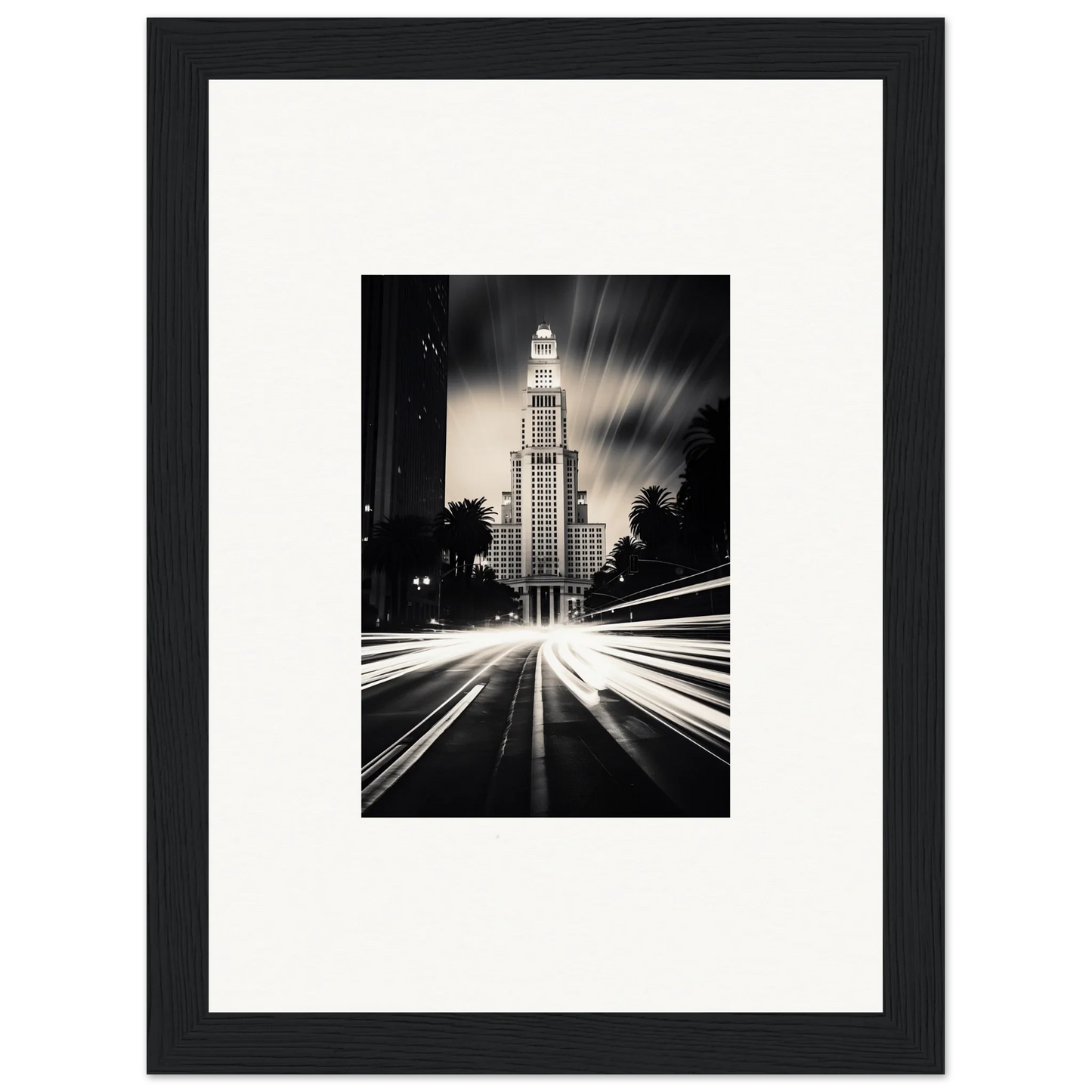Art Deco skyscraper lit up at night with light trails, perfect for Luminescent Metropolis Beacon