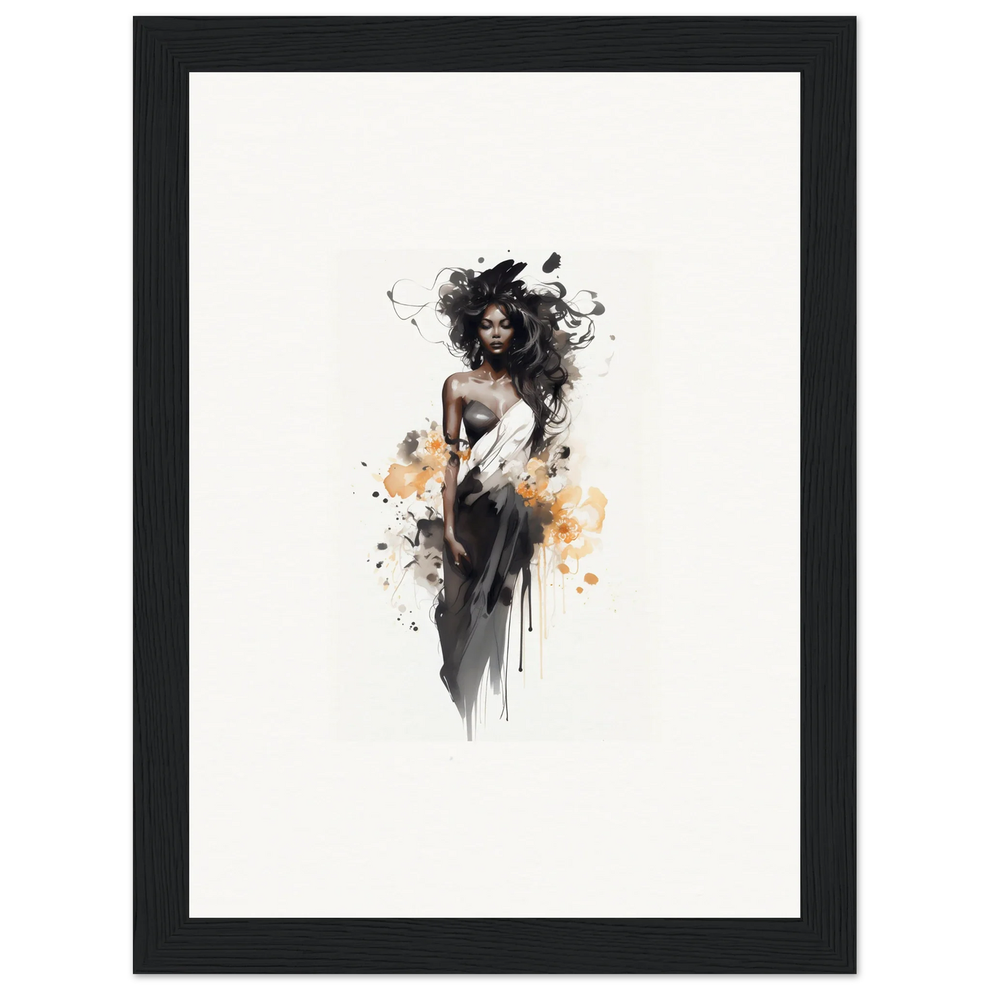 Artistic watercolor of a figure in black dress with orange accents for Harlequin Suns Wash
