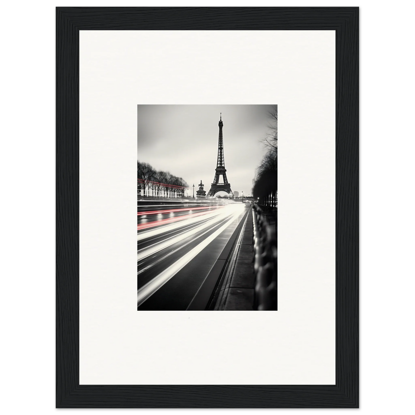 Black and white framed photo of the Eiffel Tower with light trails in Eternal Windsweep Halo