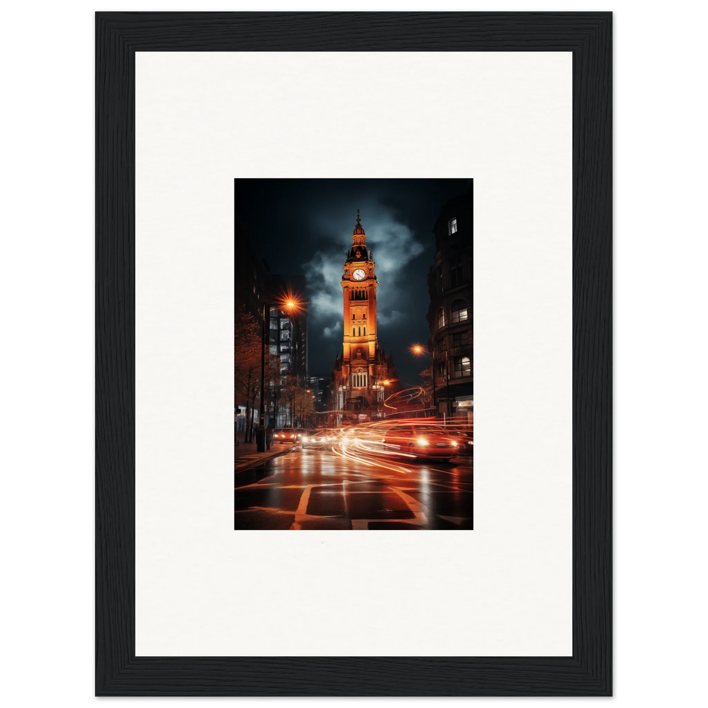 Black-framed photo of Big Ben at night with traffic light trails for Venomous Clocklight Nrtabbat