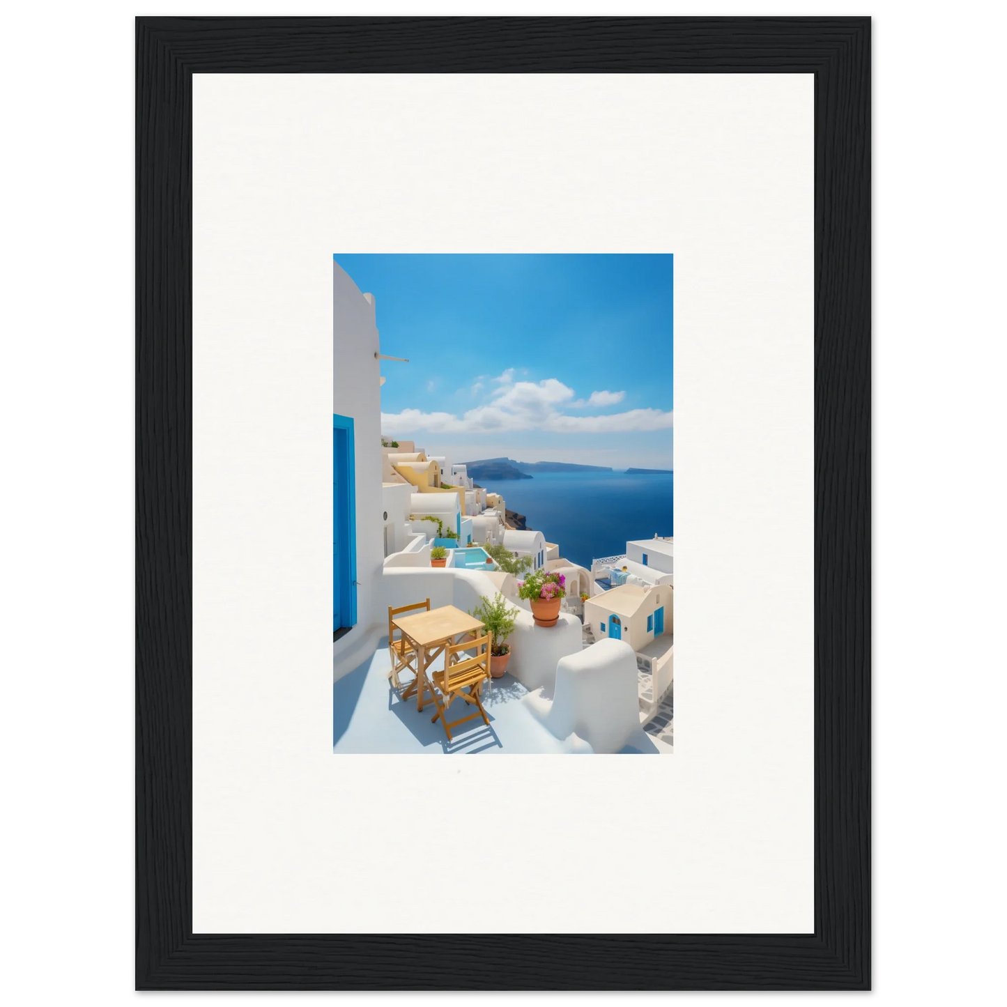 Framed poster of Santorini’s white buildings and blue sea for Dream-Touched Odyssey
