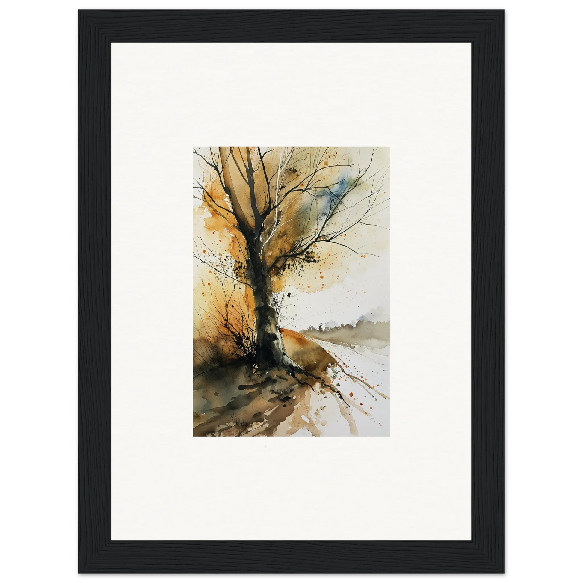 Watercolor canvas print of a bare tree with autumn splatters for cozy wall art
